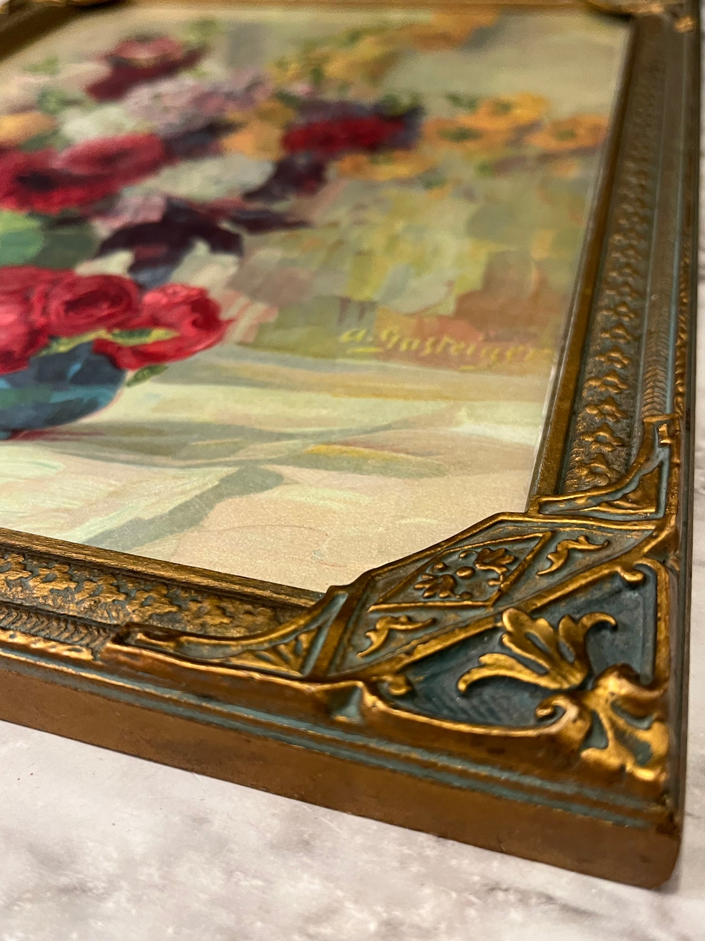 Two Floral Bouquets in Intricate Gold Frame