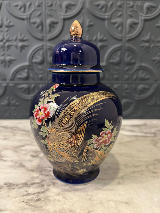 Blue Ginger Jar with Pheasants 6"
