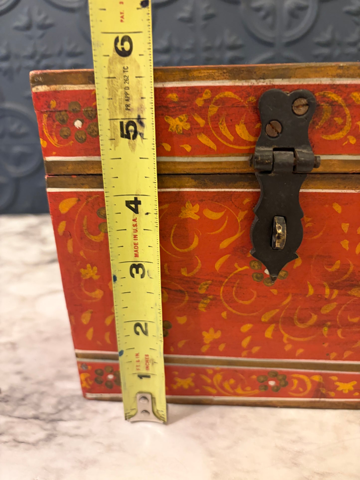 Orange Hand Painted Wood Box with Green Flowers