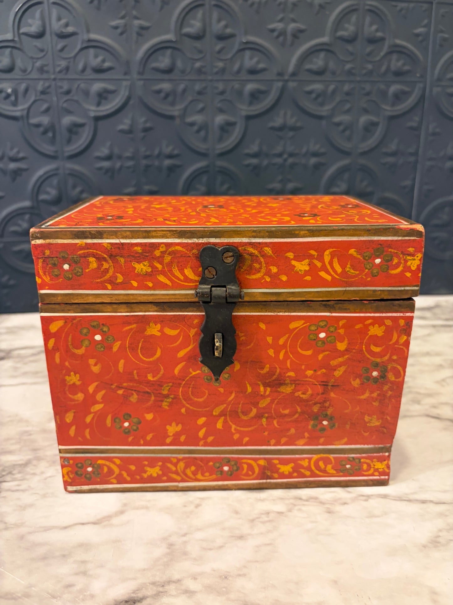 Orange Hand Painted Wood Box with Green Flowers