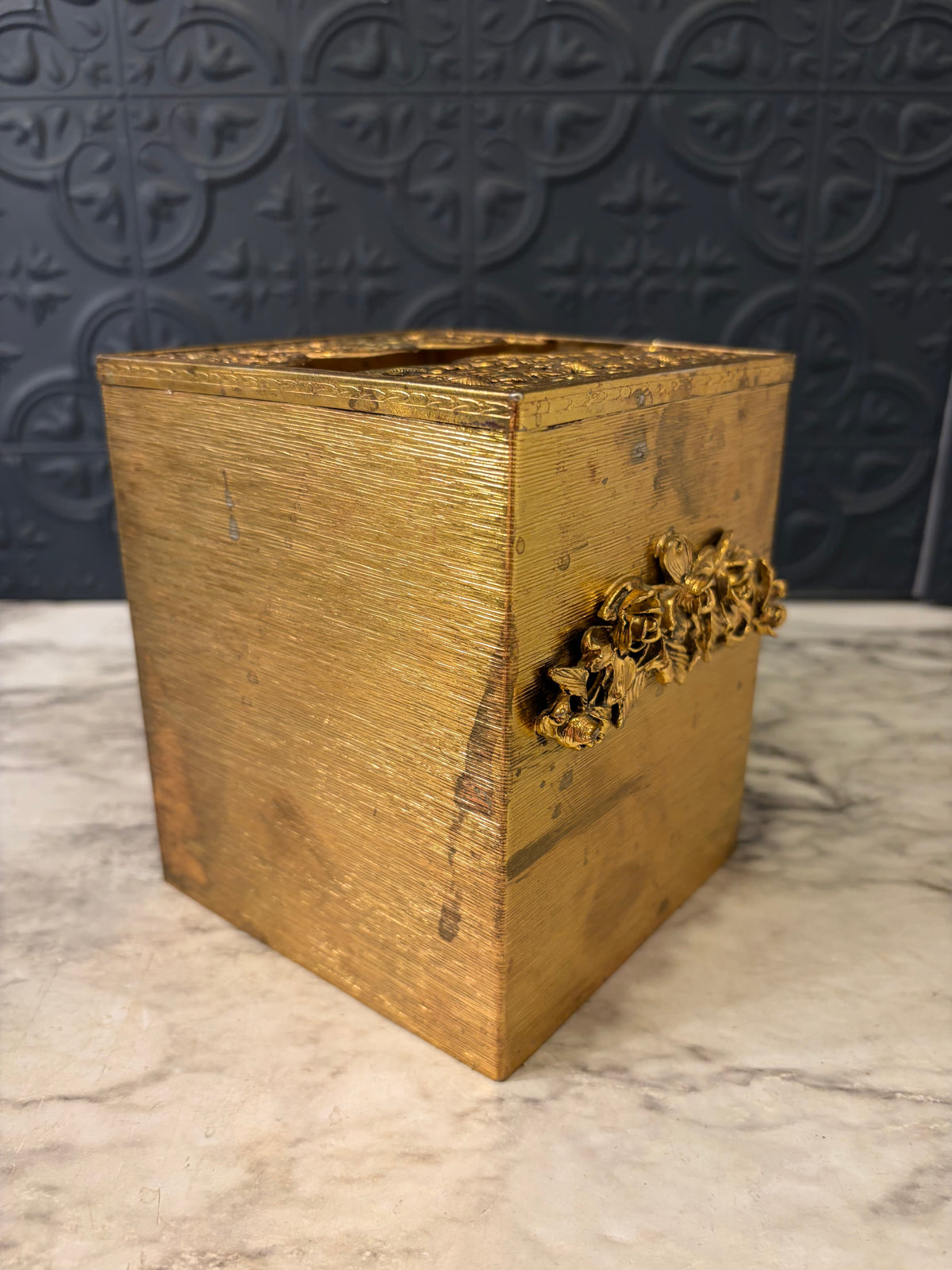 Brass Tissue Box Cover with Roses