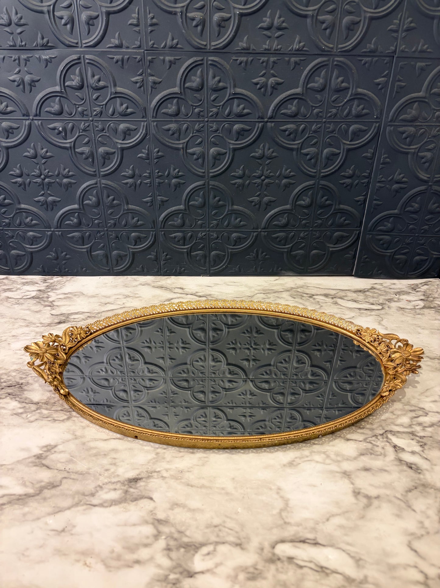 Vintage Oval Mirror Tray with Flower Handles 18"