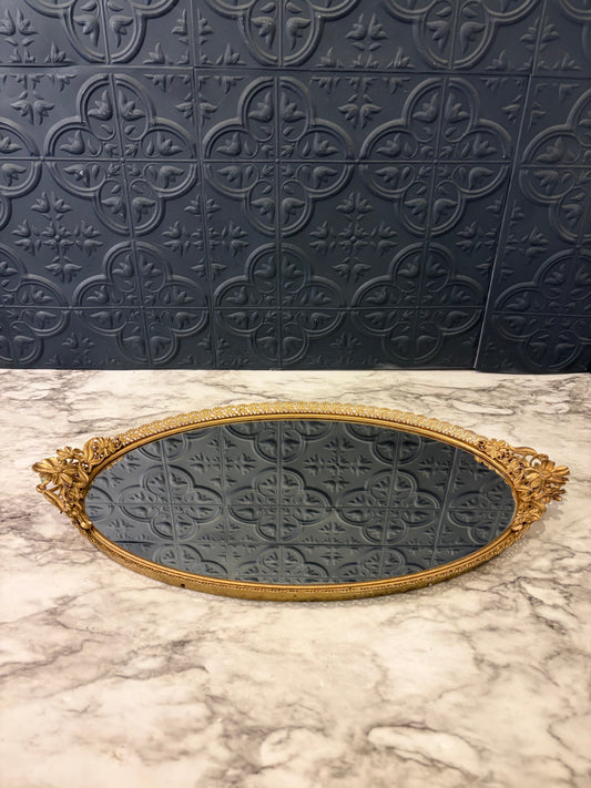 Vintage Oval Mirror Tray with Flower Handles 18"