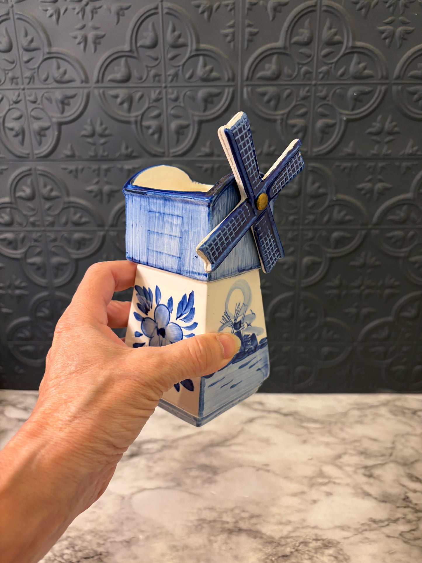 Blue and White Windmill Planter Small