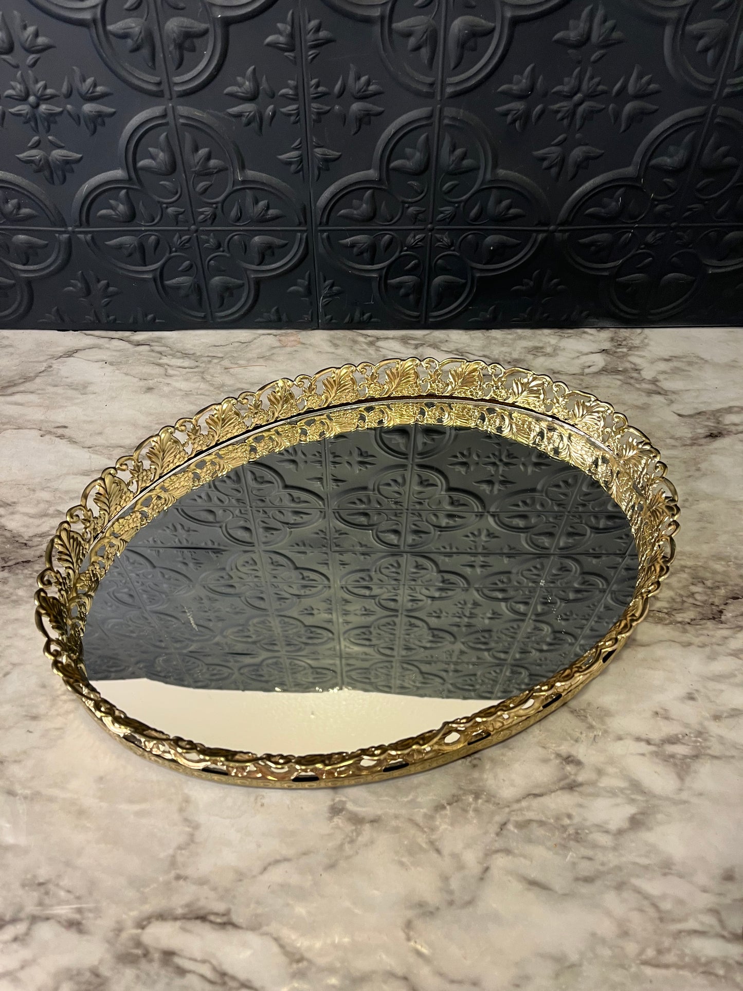 Oval Brass Filigree Mirror Tray 13"