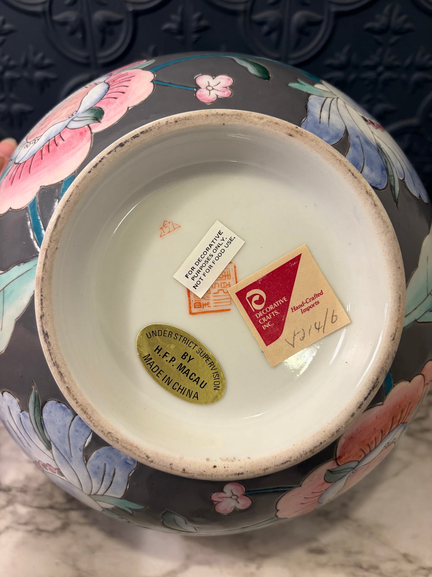Macau Enamel Bowl Grey Pink and blue