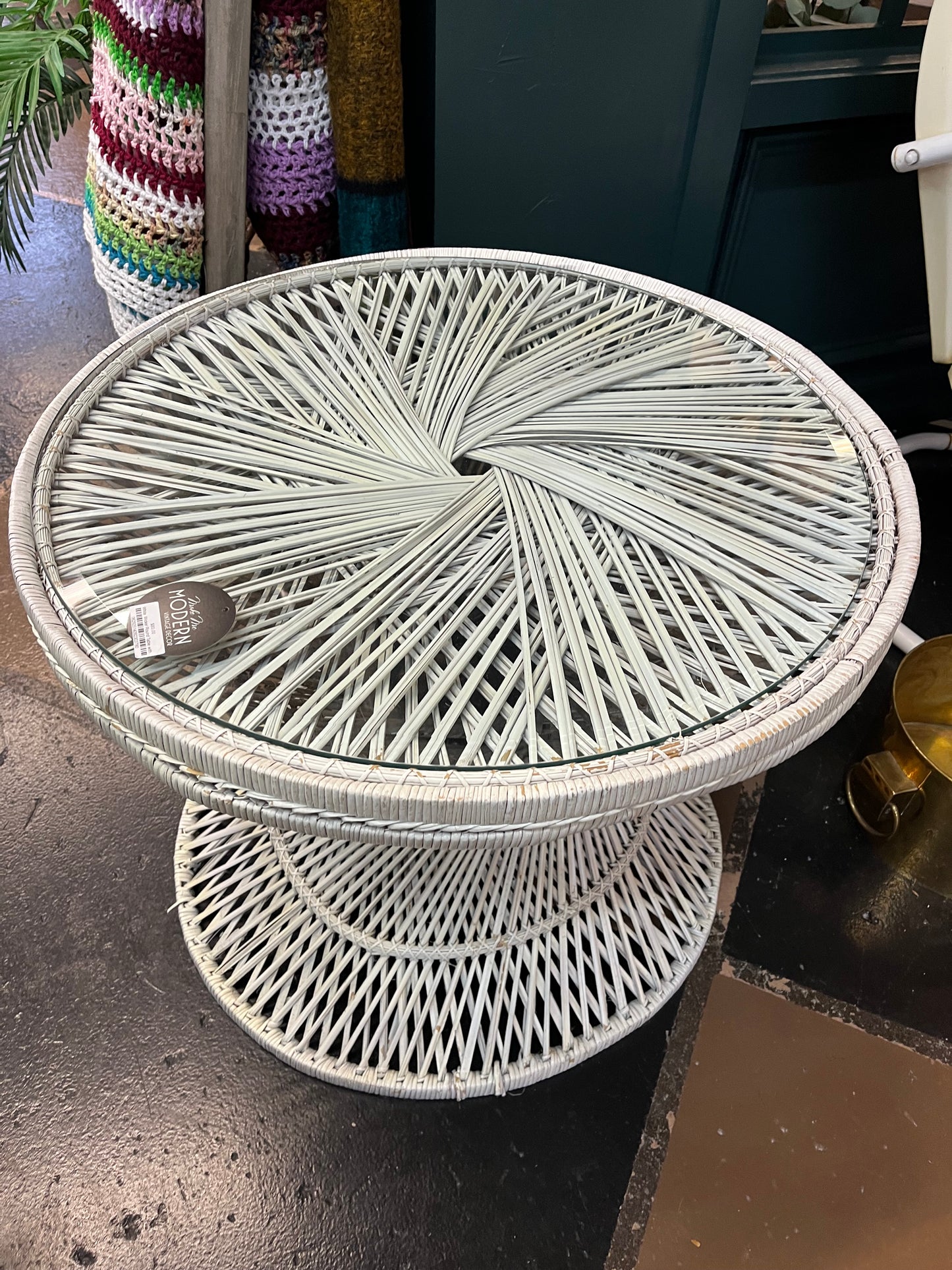 White  Wicker Round Table with Glass Top