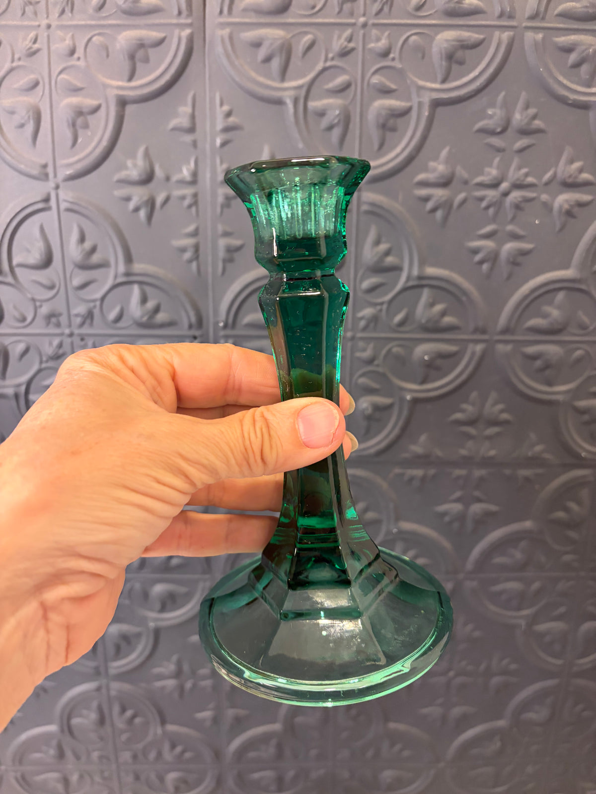 Set of Indiana Glass Green Glass Candle Holders