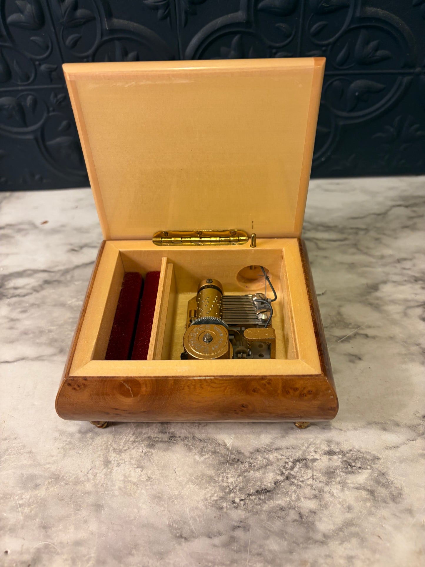 Italian Handcrafted Burl Wood Musical Ring Box