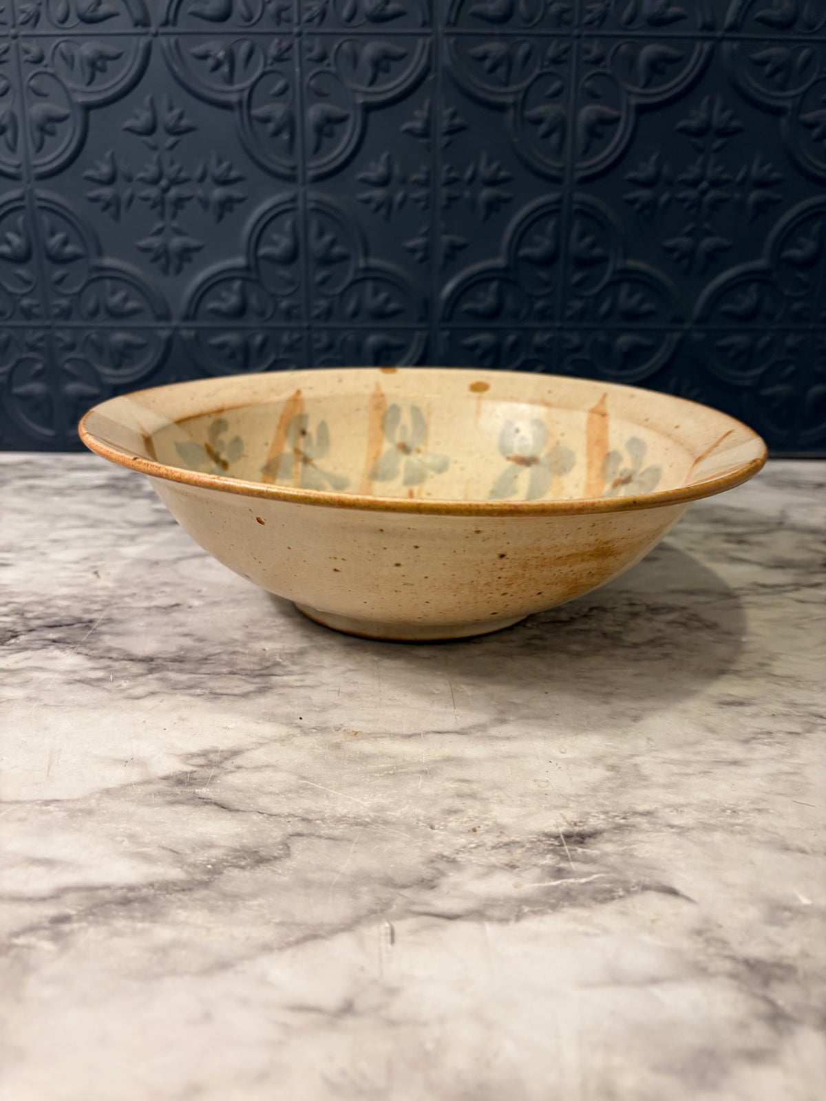 Studio Pottery Bowl with Blue Flowers