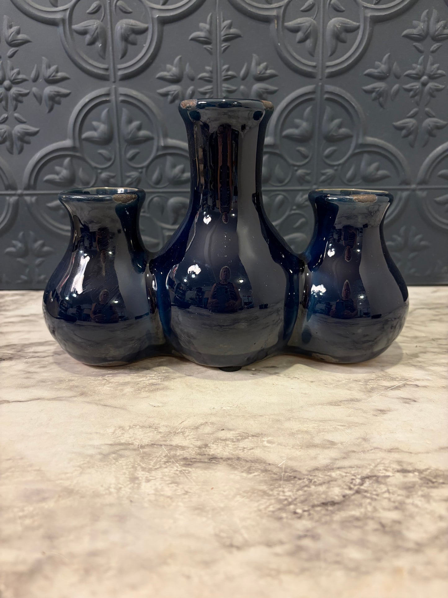 Dark Cobalt Glazed Triple Attached Vases