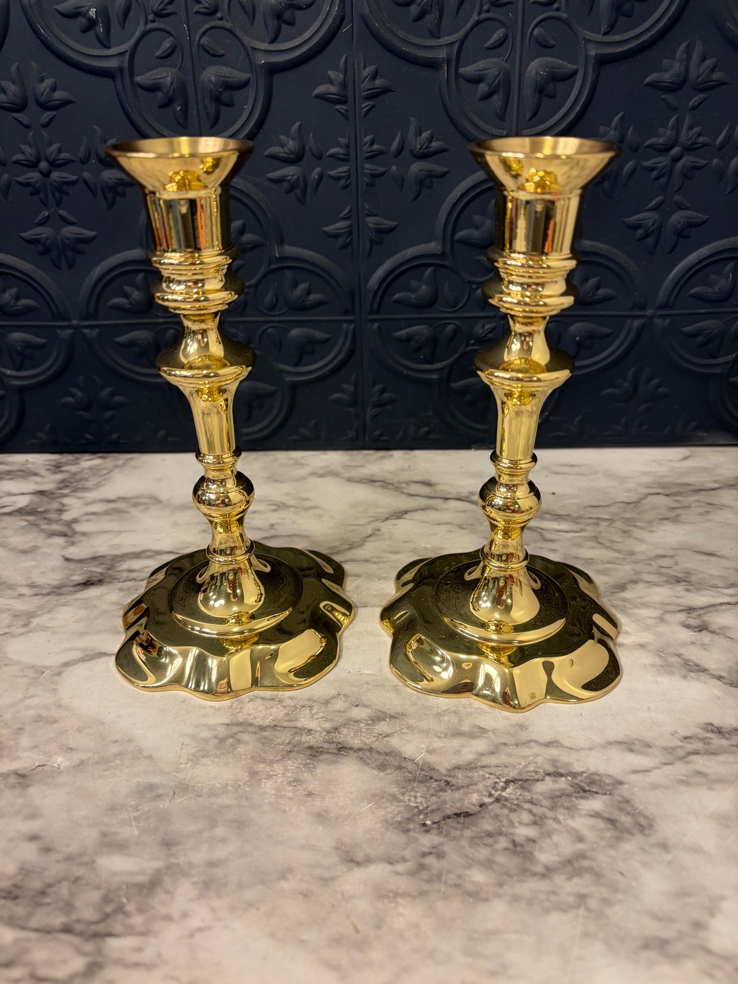 Baldwin Shiny Brass Candlesticks with Scalloped bottom x2