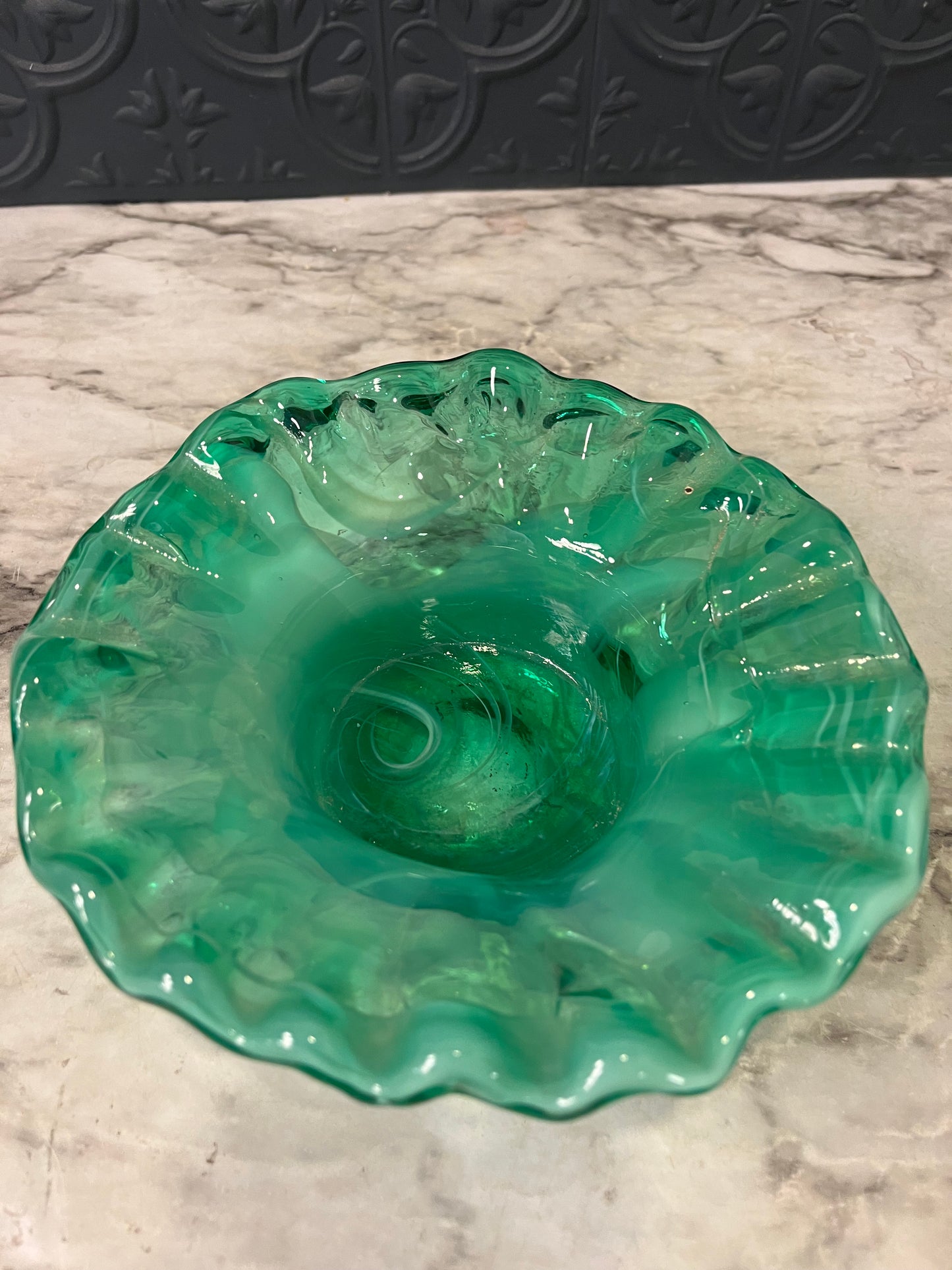 Hand Blown Green Glass Bowl with Ruffle
