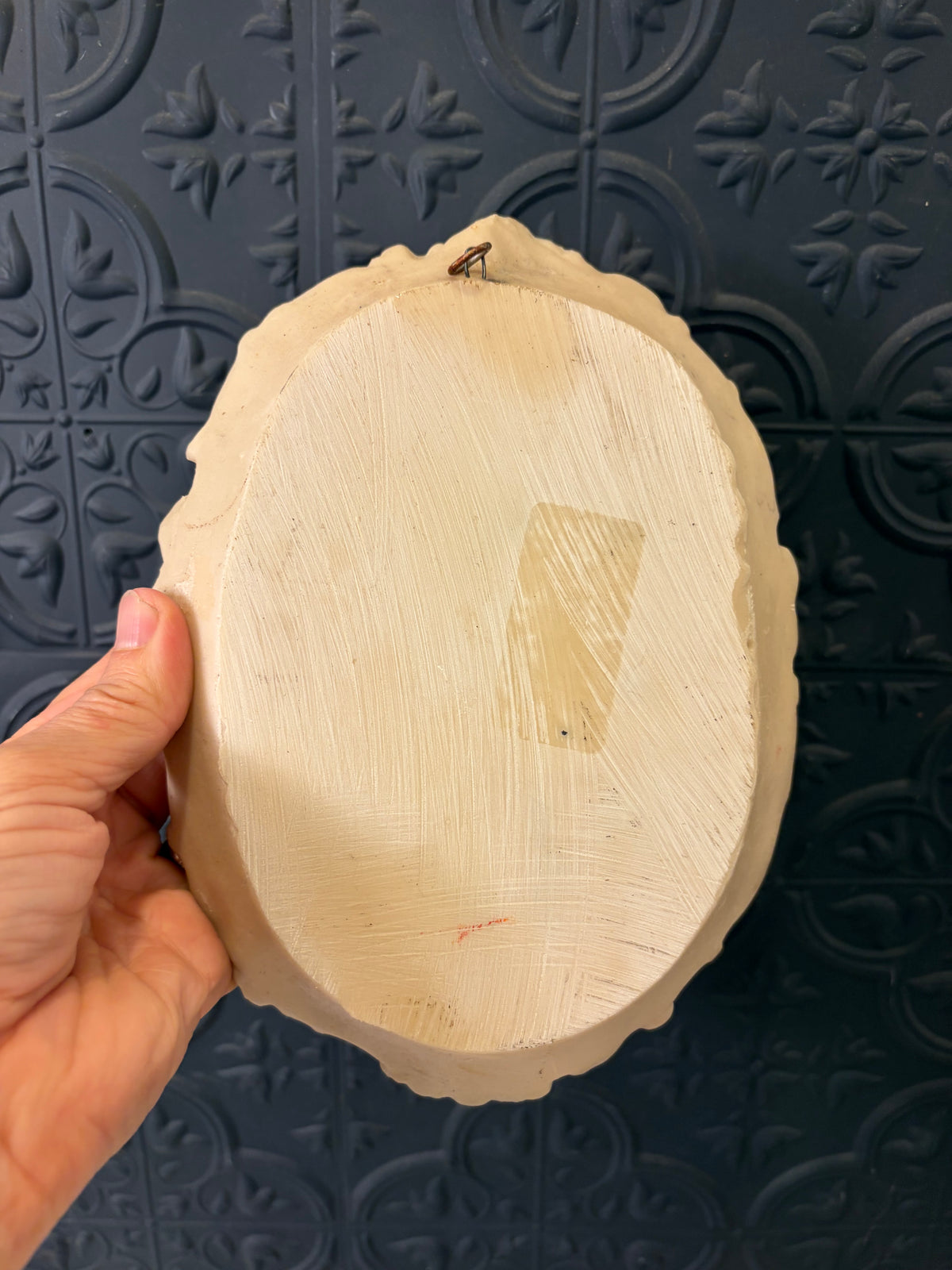 Bisque 3D Plaque of Woman Holding Basket of Fruit