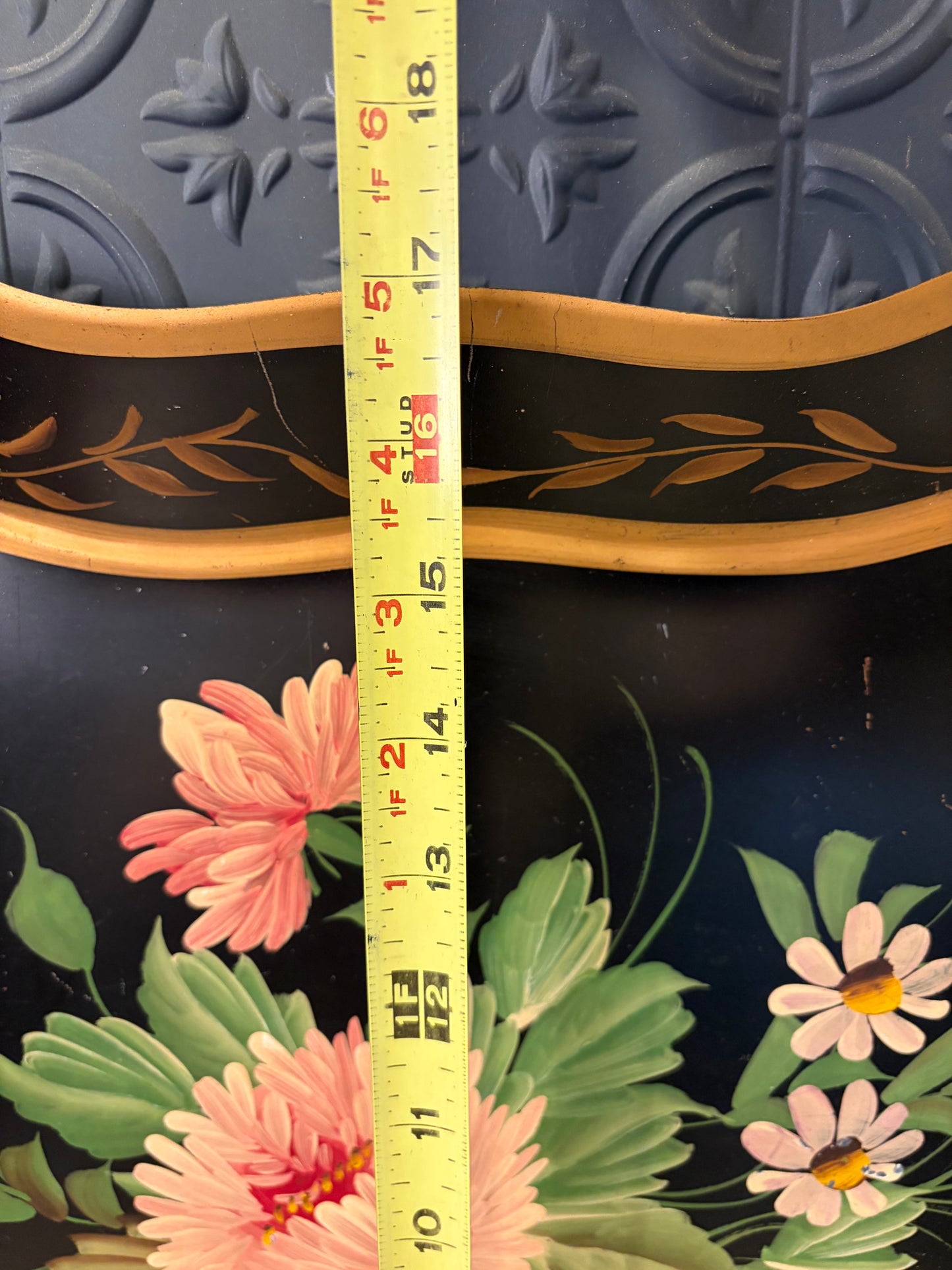 Black Tray with Hand Painted Flowers and Gold Trim