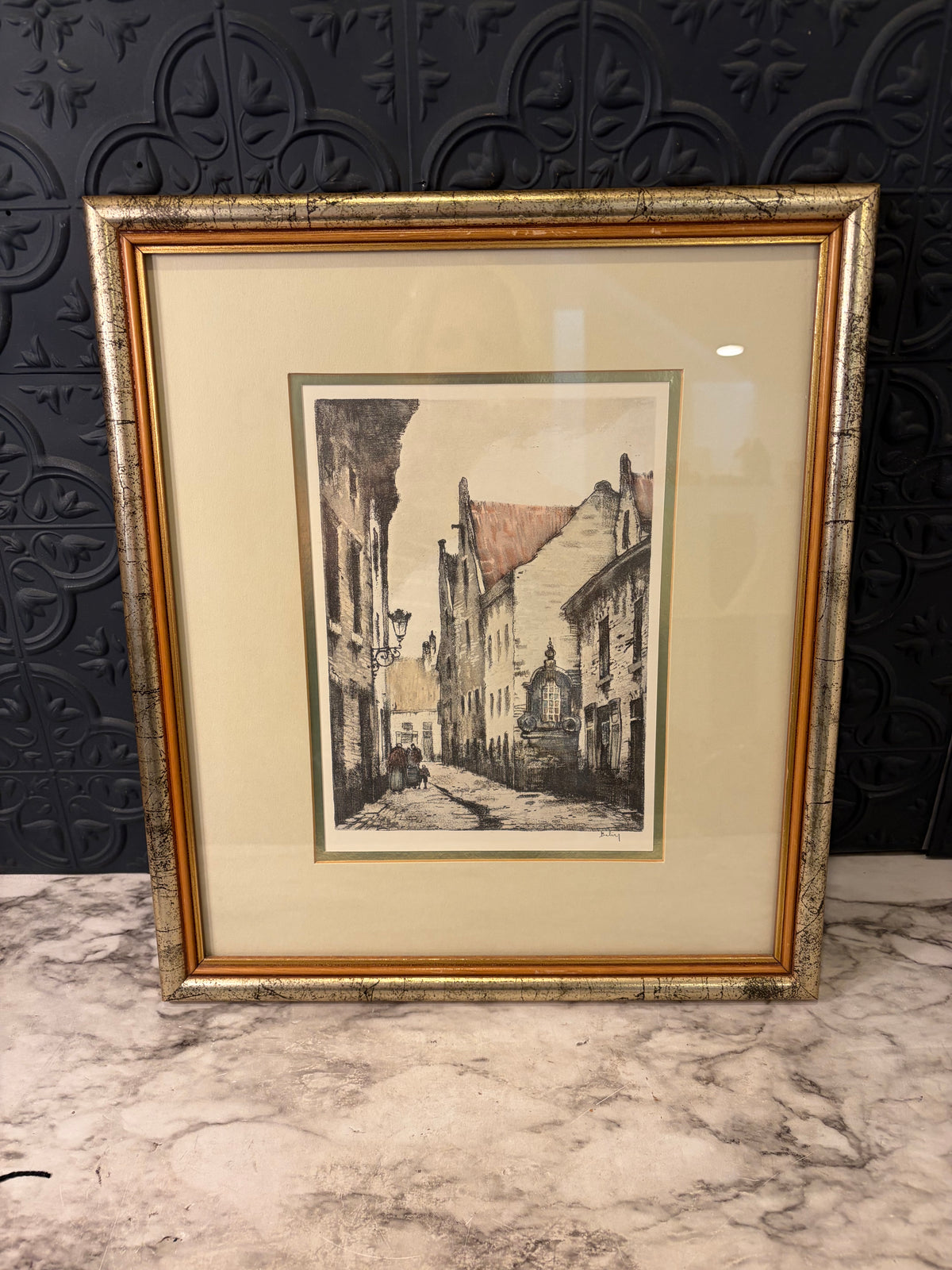 Print of Colored Etching by Roger Hebbelinck European Street