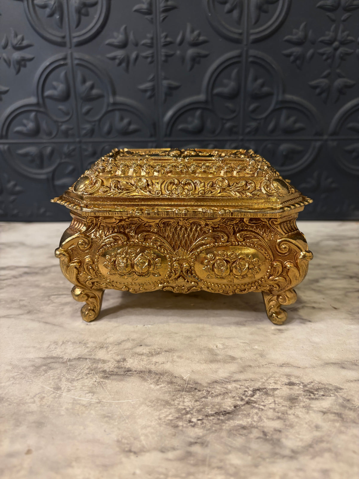 Ornate Gold Jewelry Box with Red Velvet lining