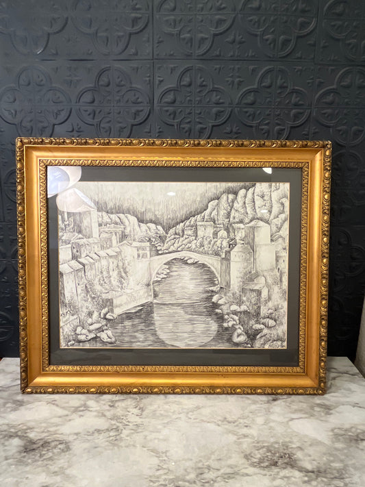 Framed Ink Drawing of Bridge