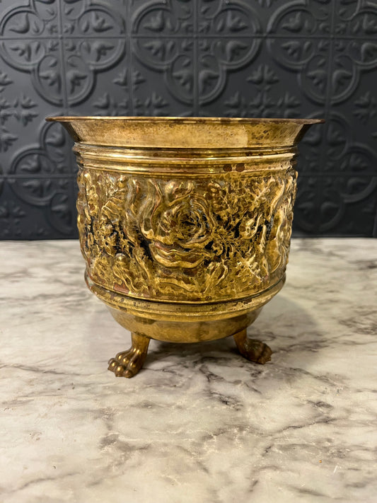 Footed Brass Pot with Rose relief