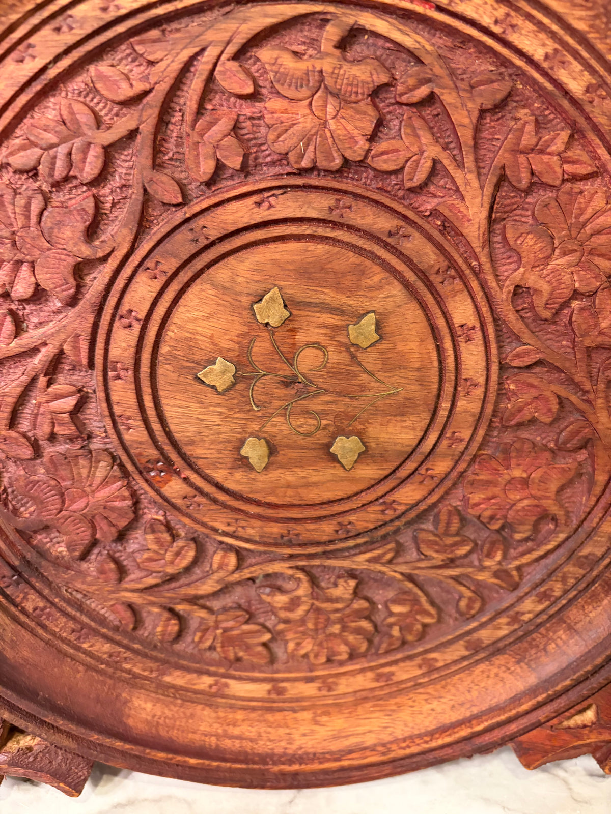Hand Carved Wood Tray with Leaf Inlay