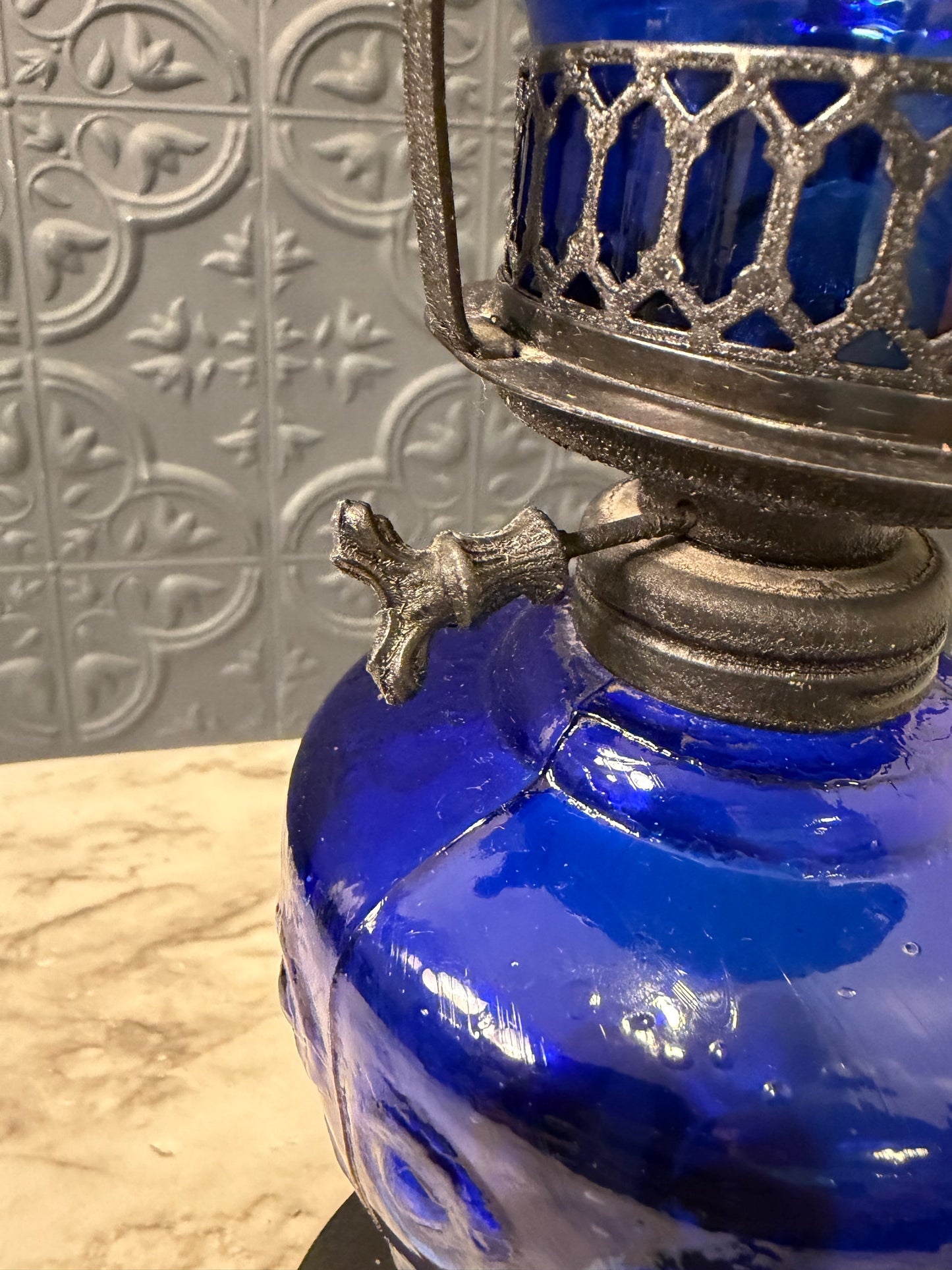 Cobalt Blue Glass and Black Oil Lamp AS IS