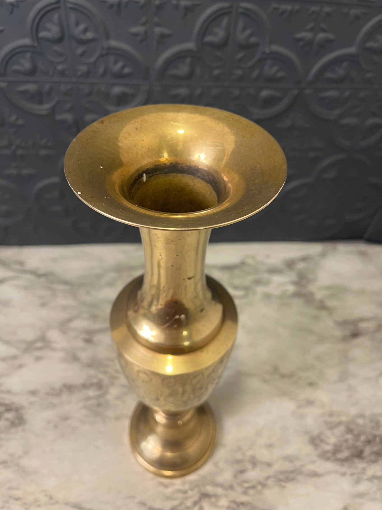 Etched Brass Vase with Leaf pattern 11.75"