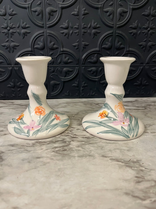 Porcelain set of Candle Holders with Orange and Pink flowers
