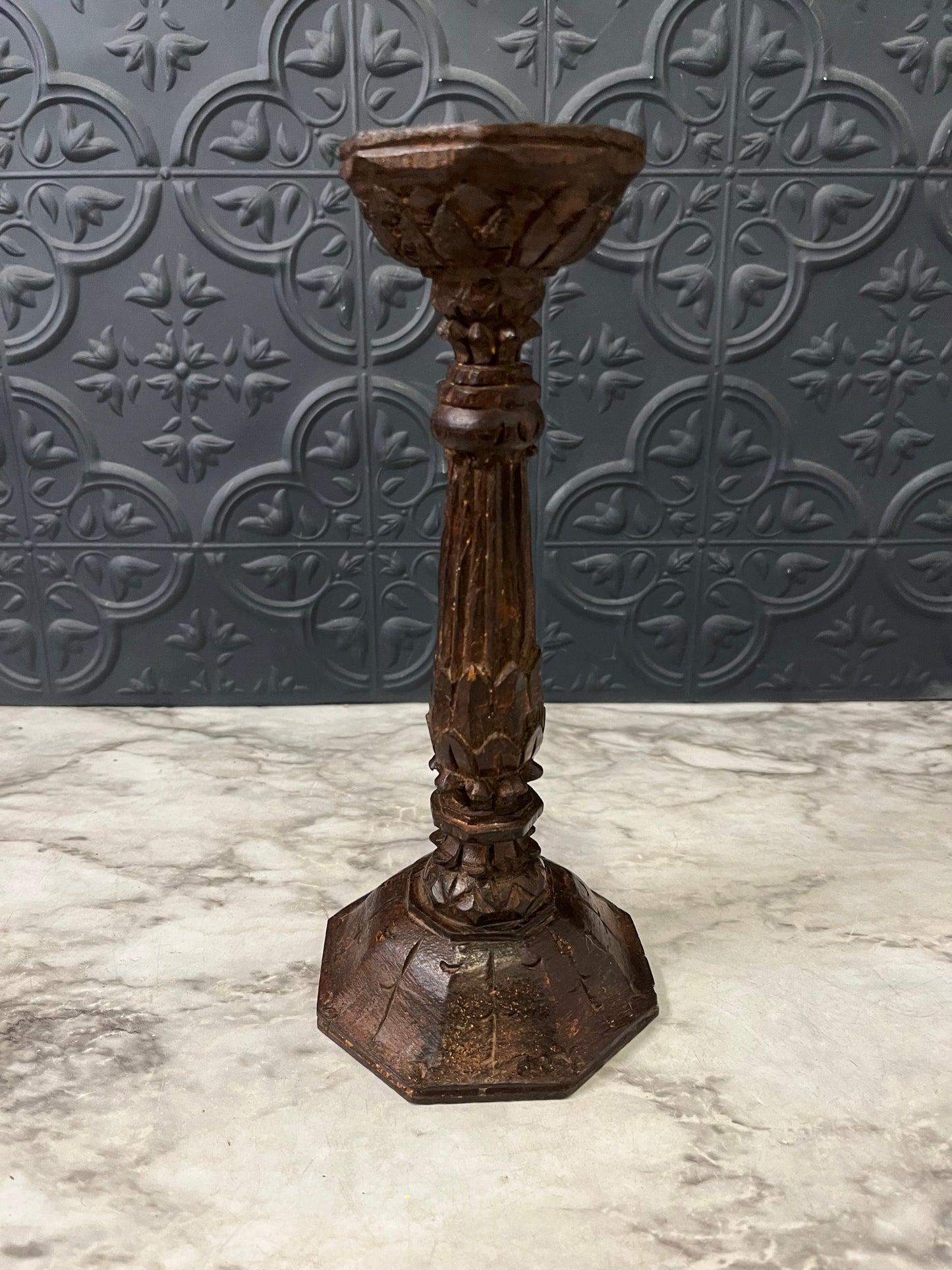 Dark Wood Hand Carved Candle Holder