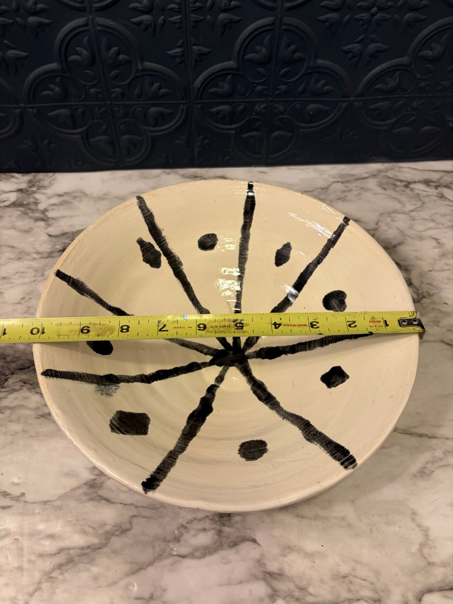 Studio Pottery Cream Bowl with Black Lines and Dots
