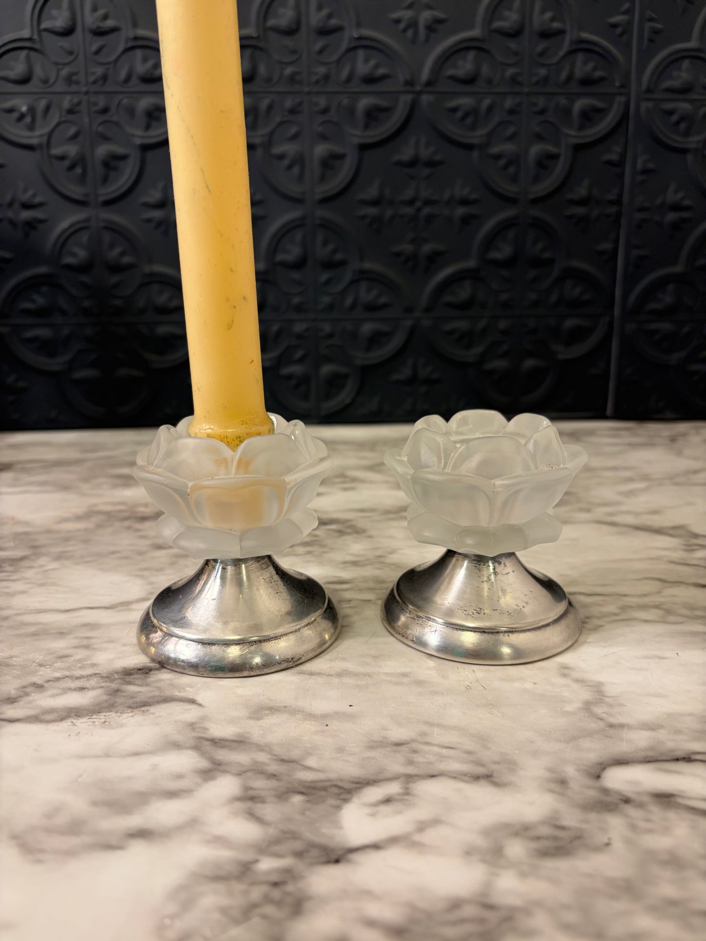 Satin Glass Flower candle holder set of 2