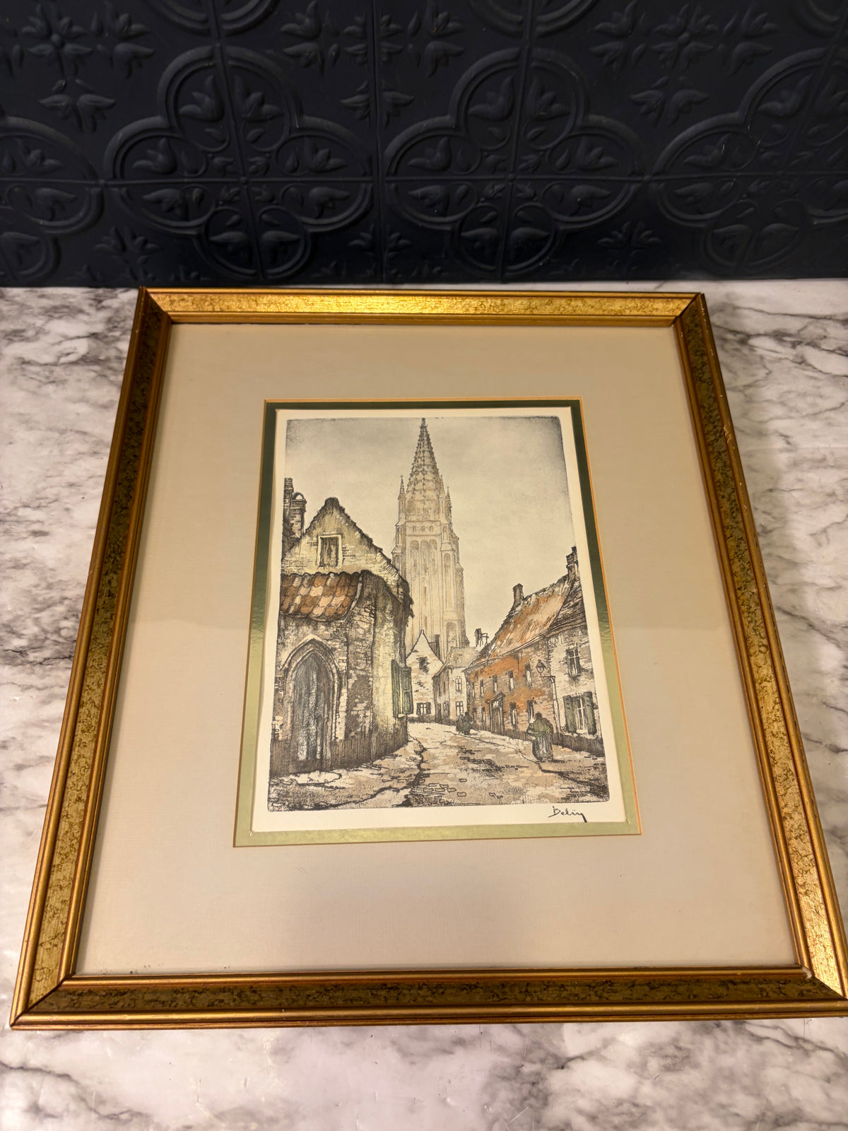 Vintage Church and Town Print Framed