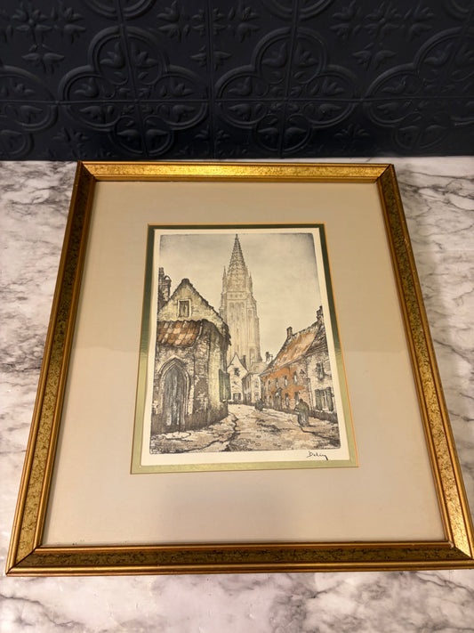 Vintage Church and Town Print Framed