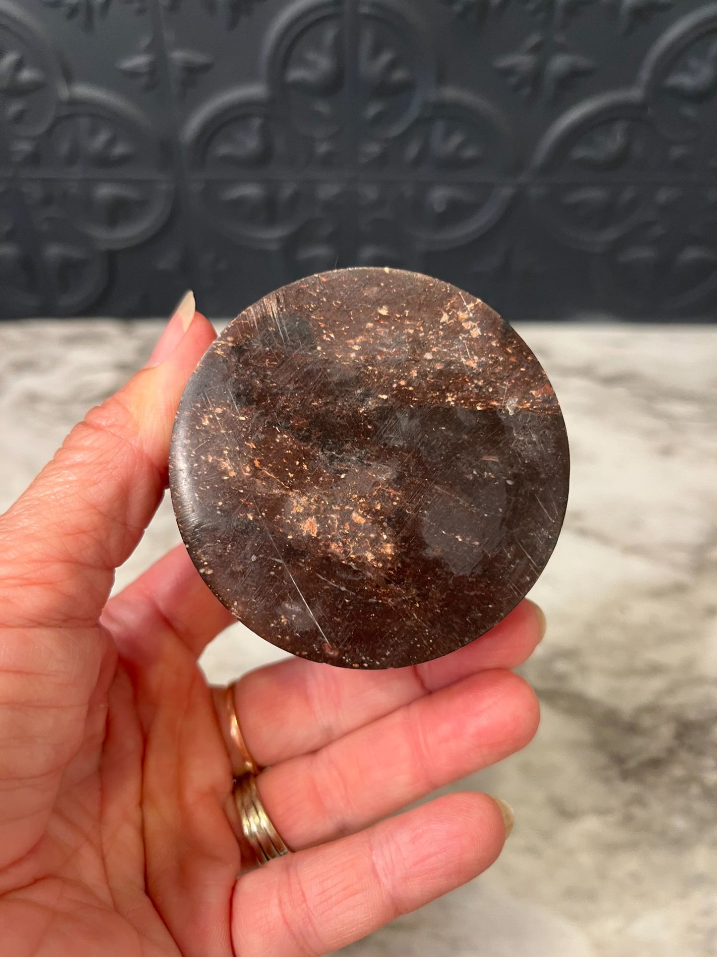 Round Dark Brown Stone box  with flower inlay