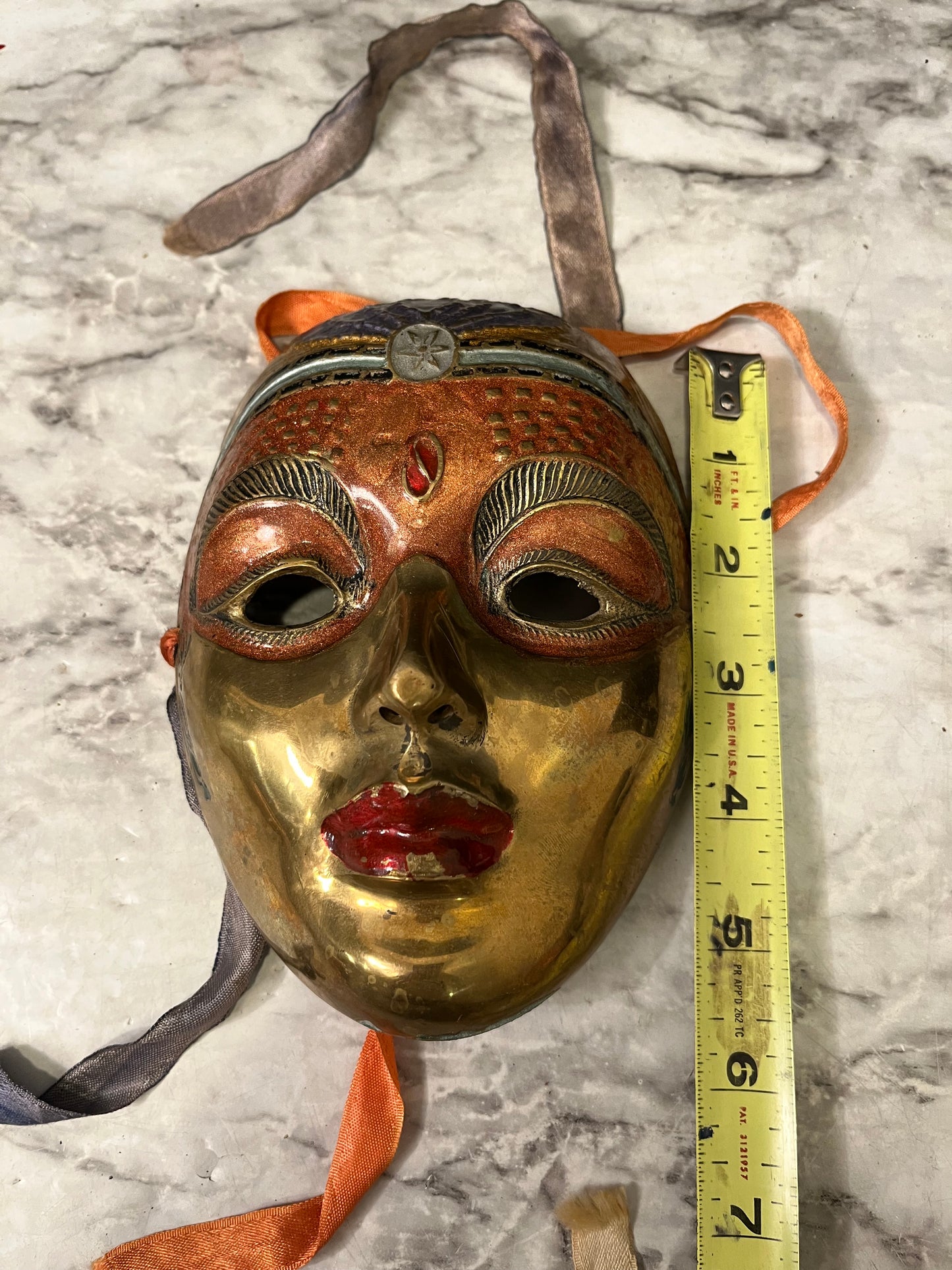 Brass and Enamel Decorative Mask Orange with Red Dot