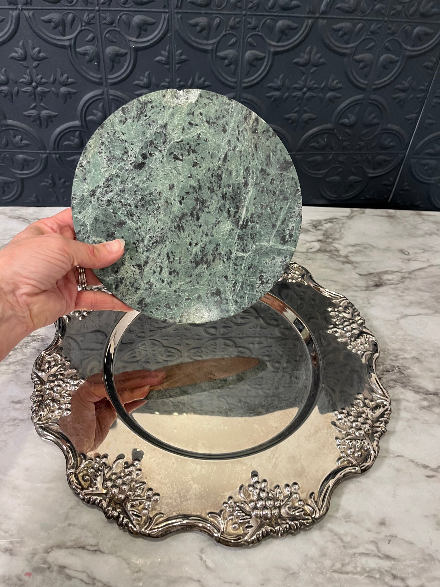 Silver Plated Tray with Chipped Marble Center