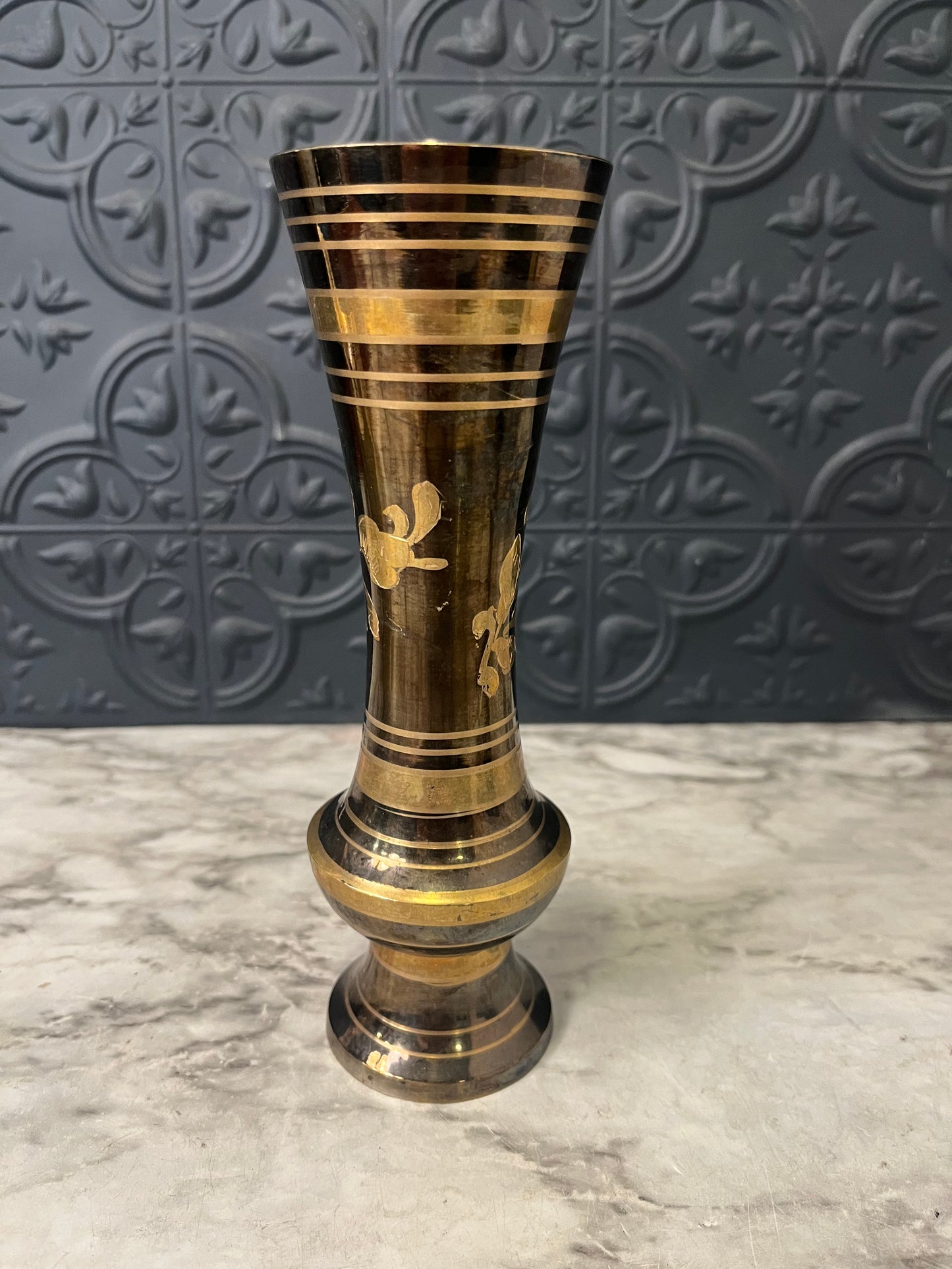 Black and Gold Etched Vase with Floral Center