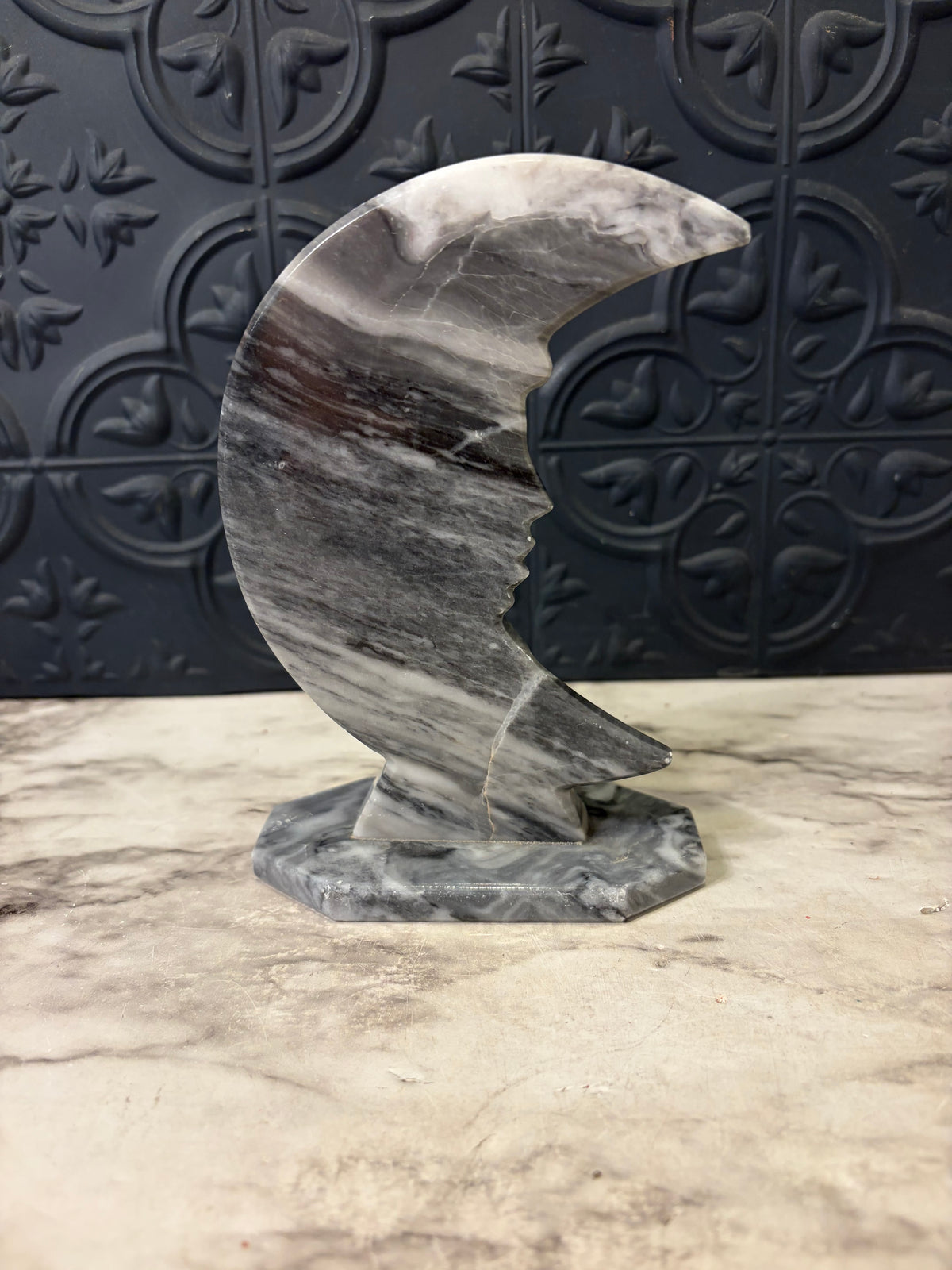 Grey and White Carved Marble Moon with Face