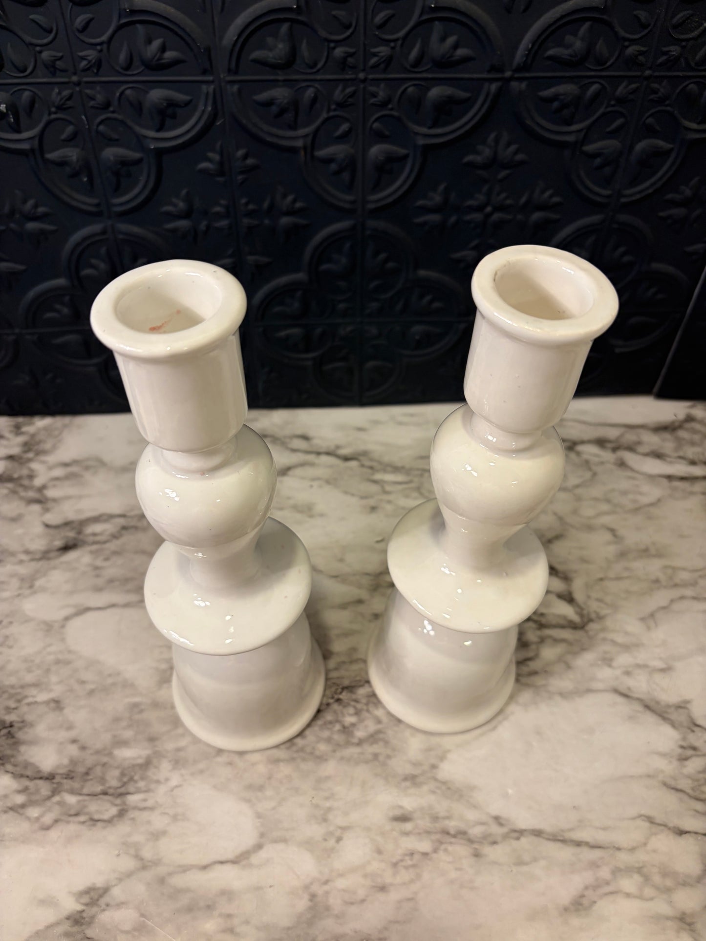 Montgomery Ward White Ceramic Candlestick Pair