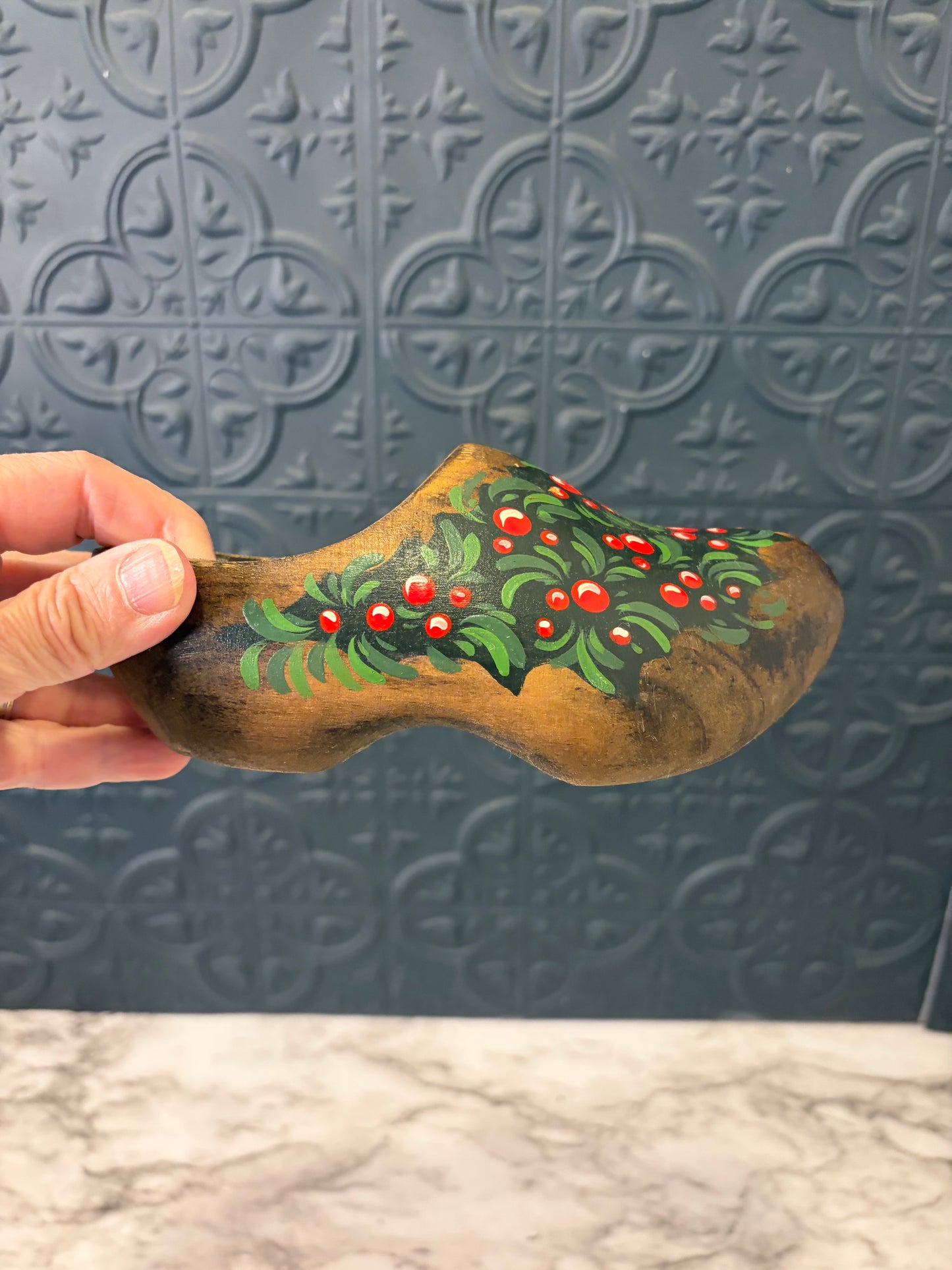 Small Wooden Shoe with Holly design