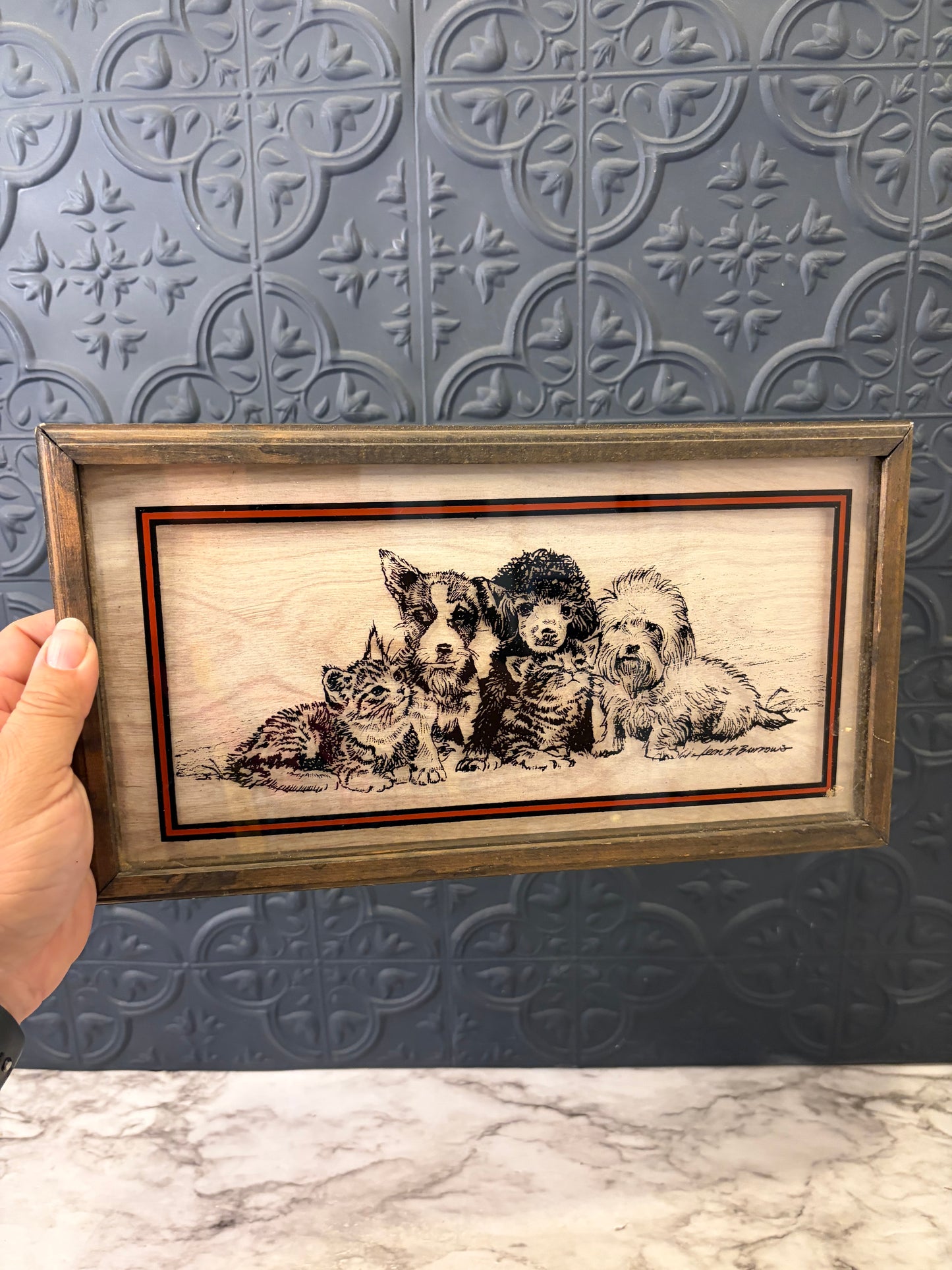Leon Burrows Reverse Painting on Glass of Dogs