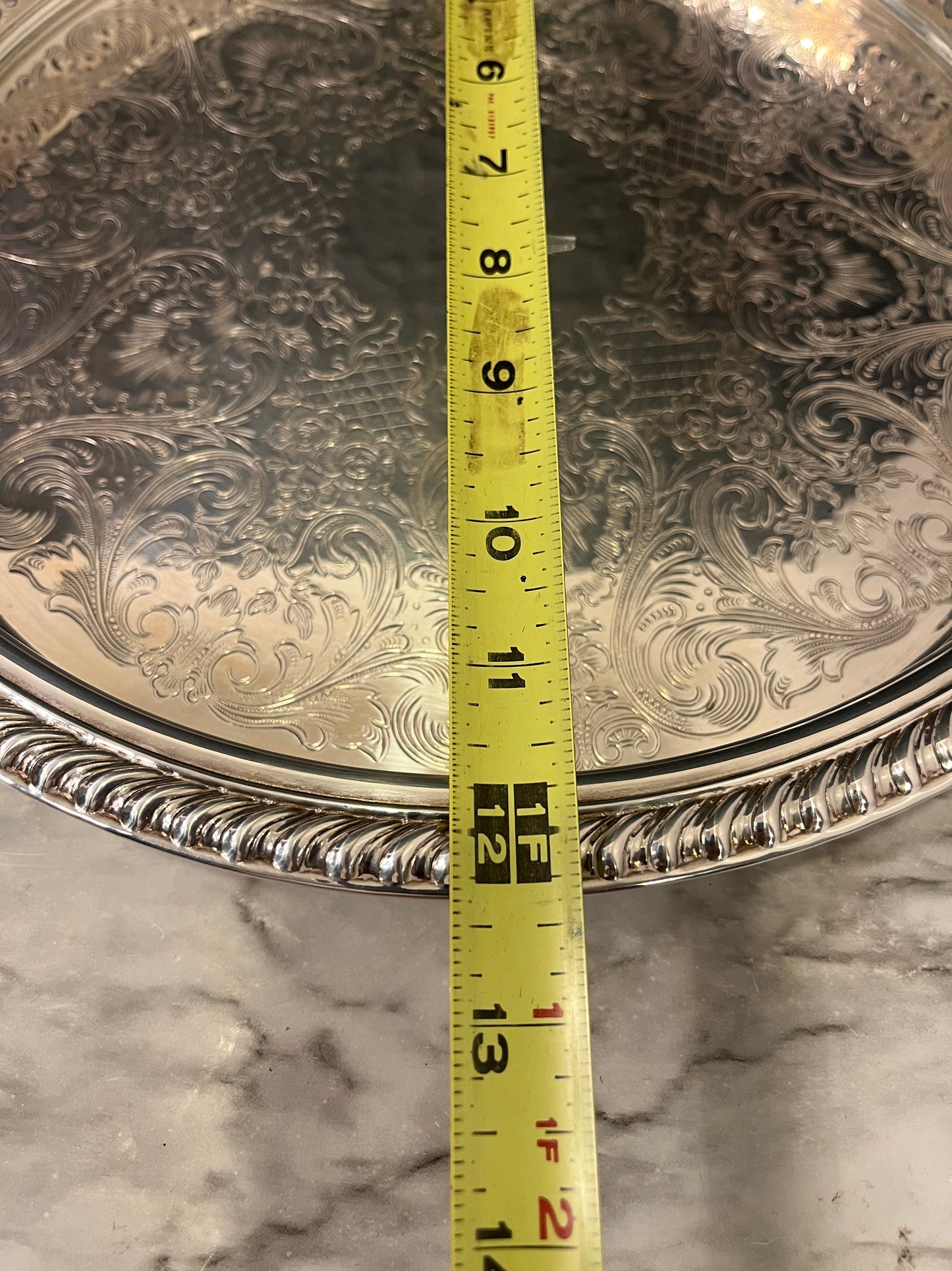Etched Silver Plate Serving Tray Round 12"
