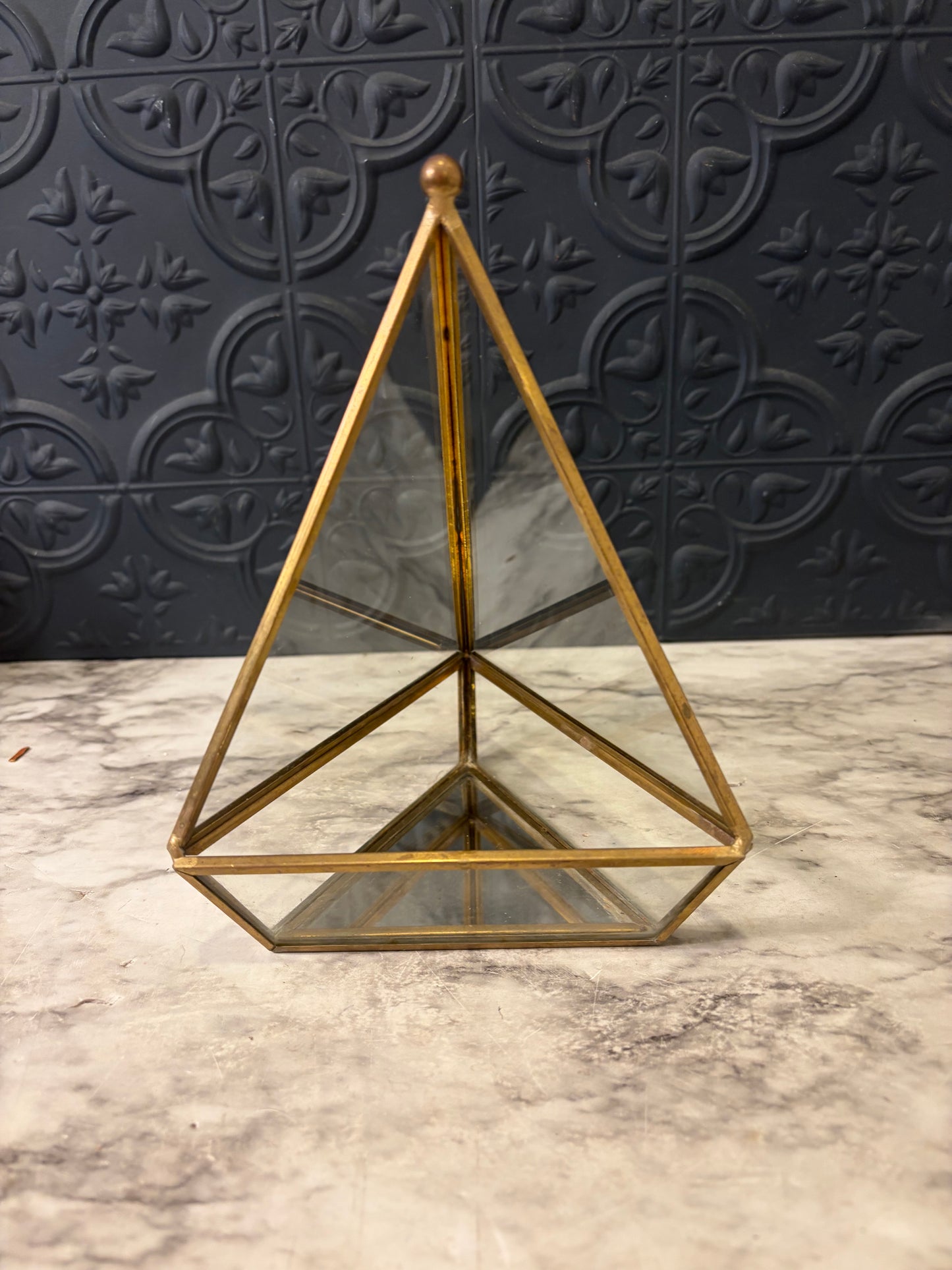 Brass and Glass Geometric Glass Pyramid