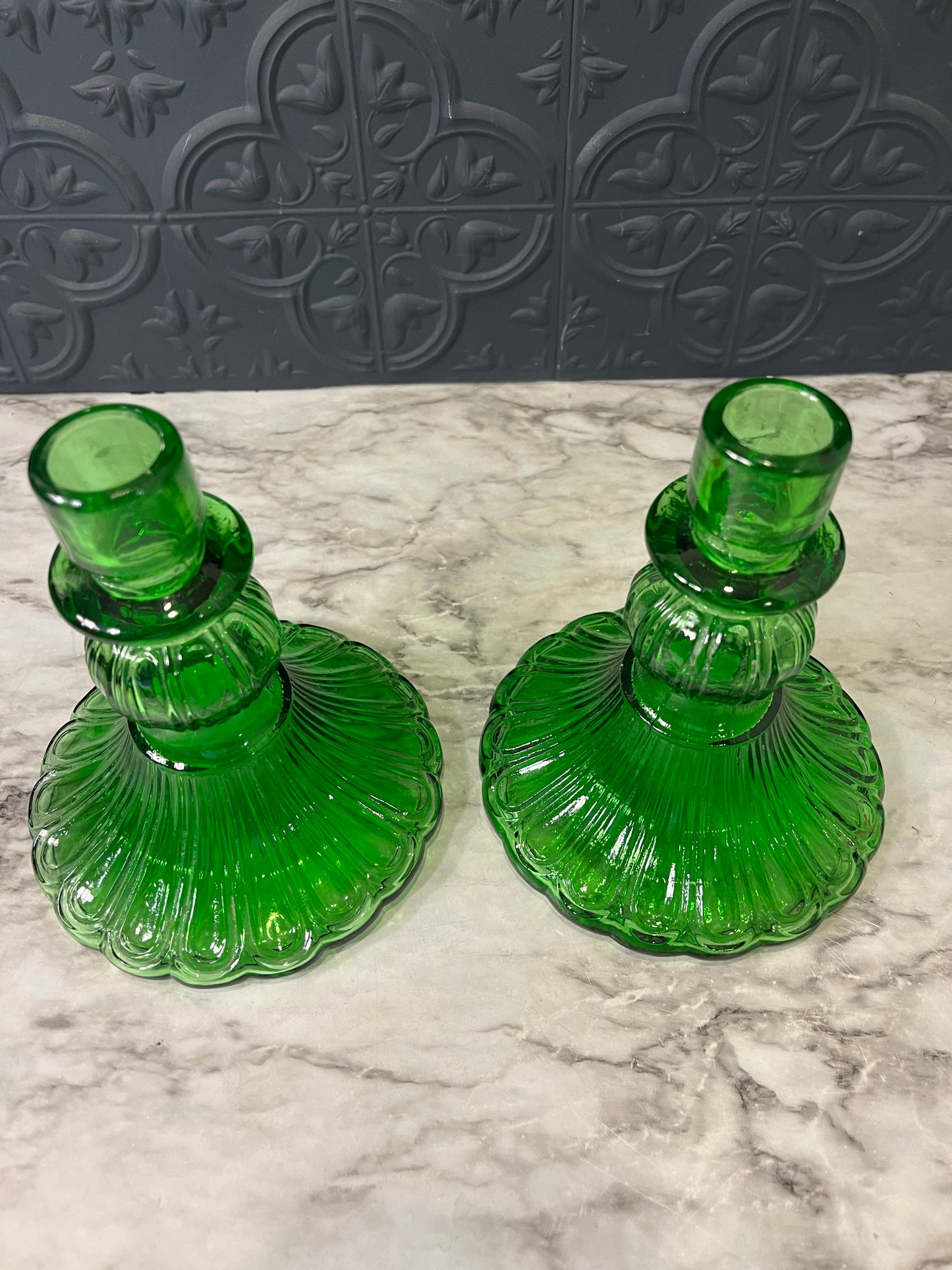Green Glass Candle Holders x 2