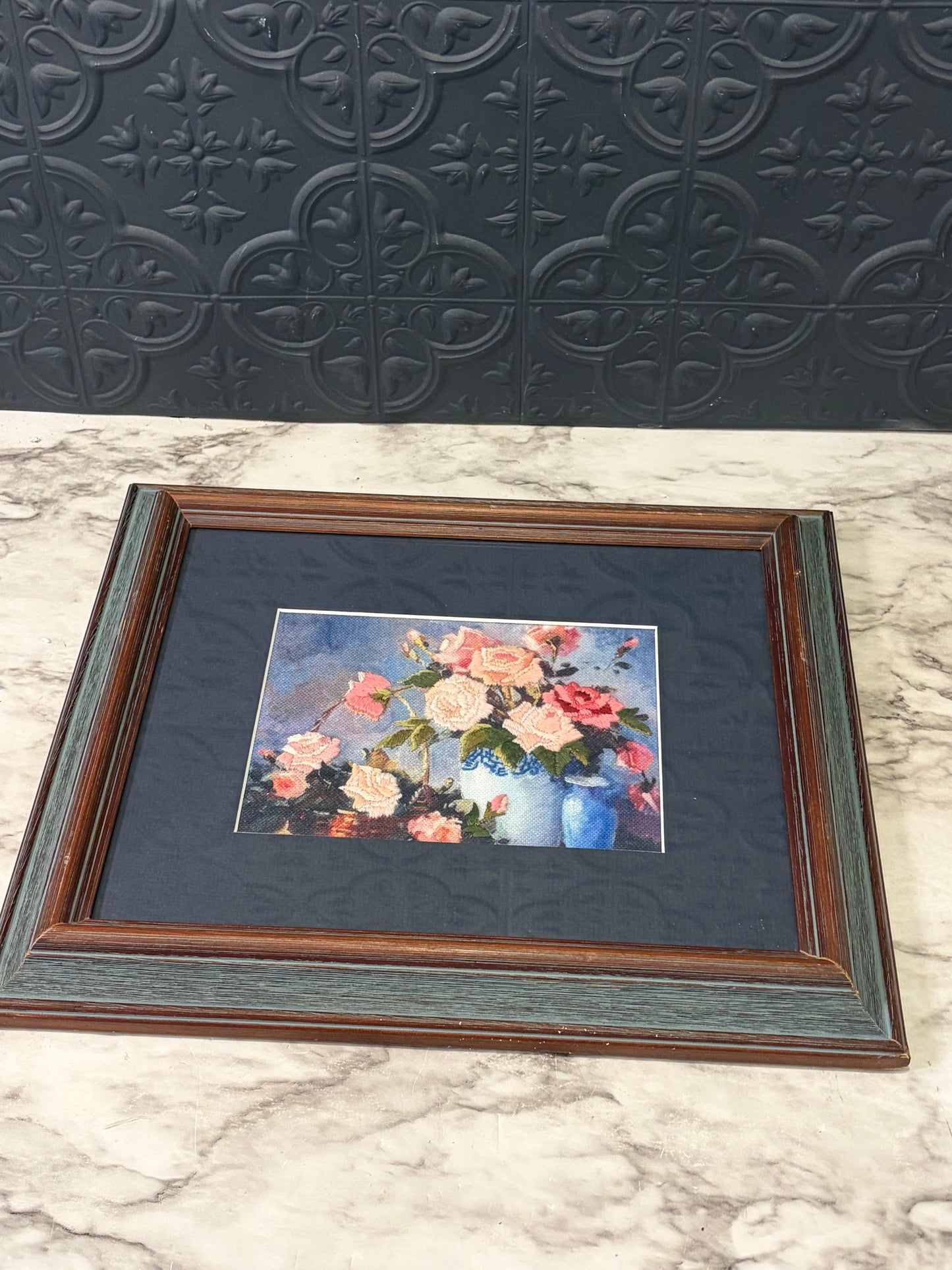 Blue and Pink Rose Boquet Stitchery