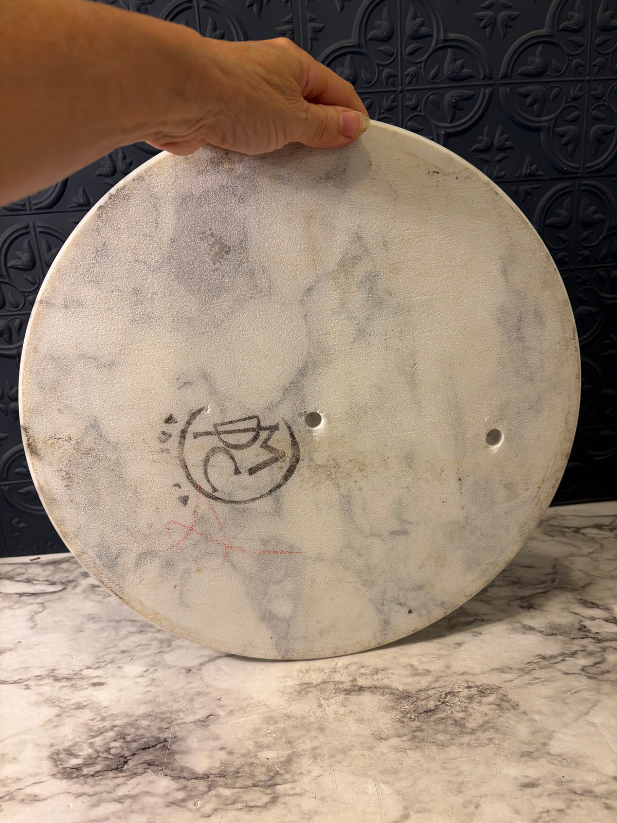 14" Round Marble Tray Grey and white