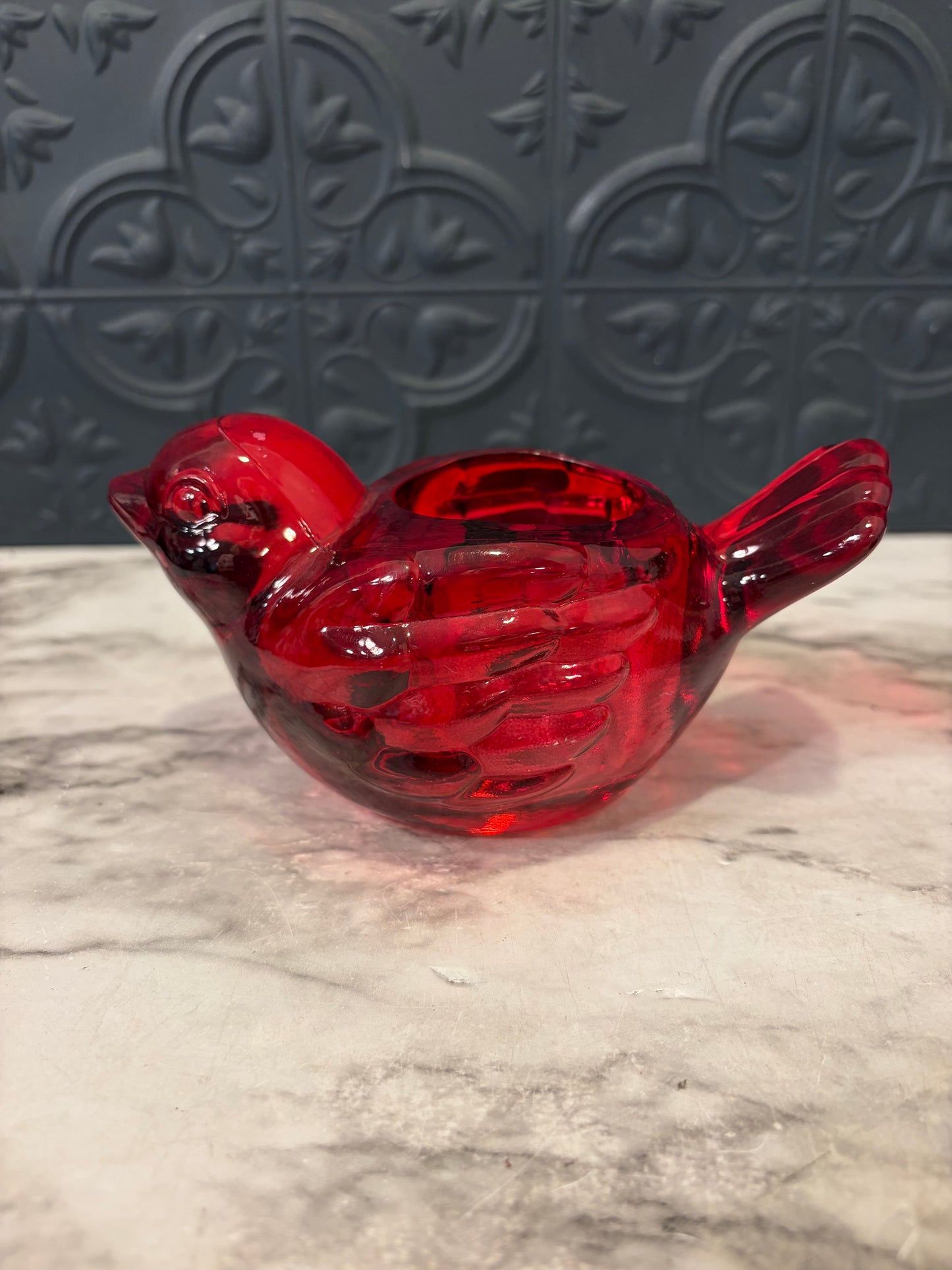 Red Glass Bird Votive Holder