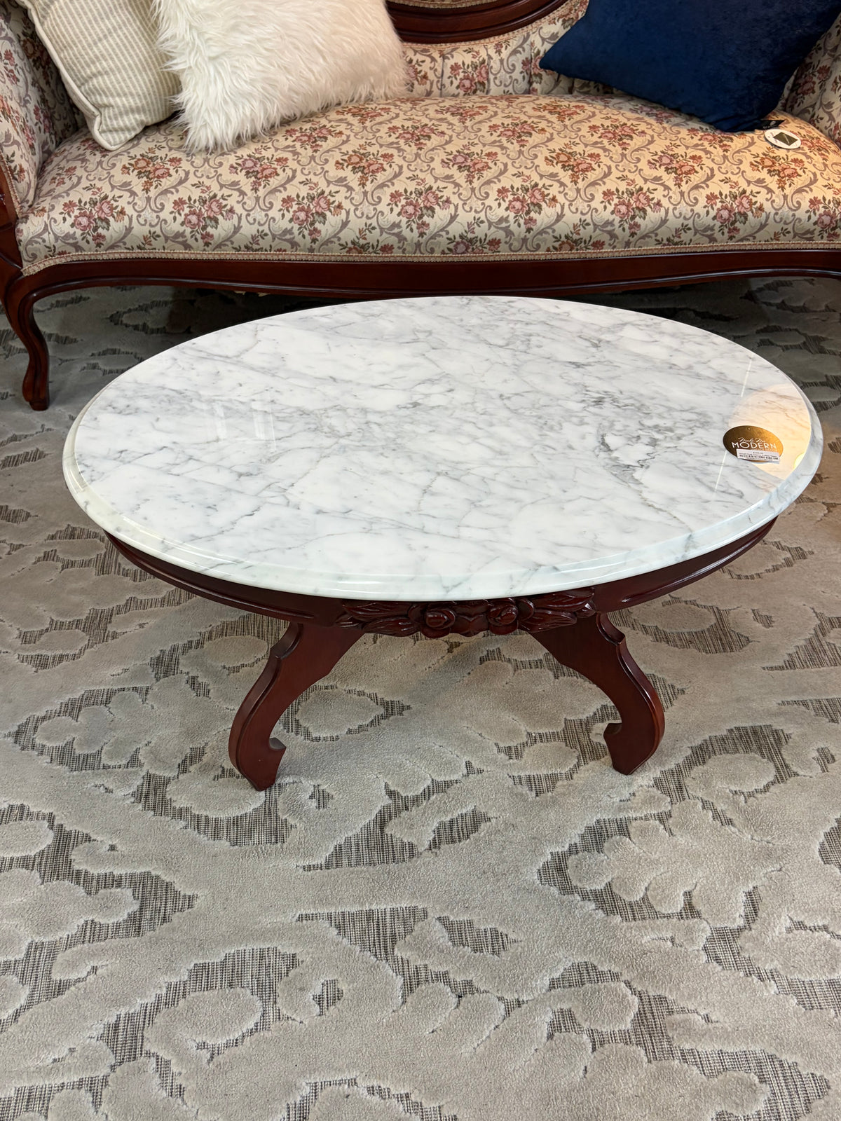 Small Oval Cherry Coffee Table with Marble Top