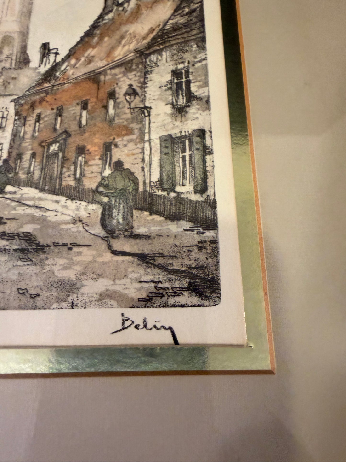 Vintage Church and Town Print Framed