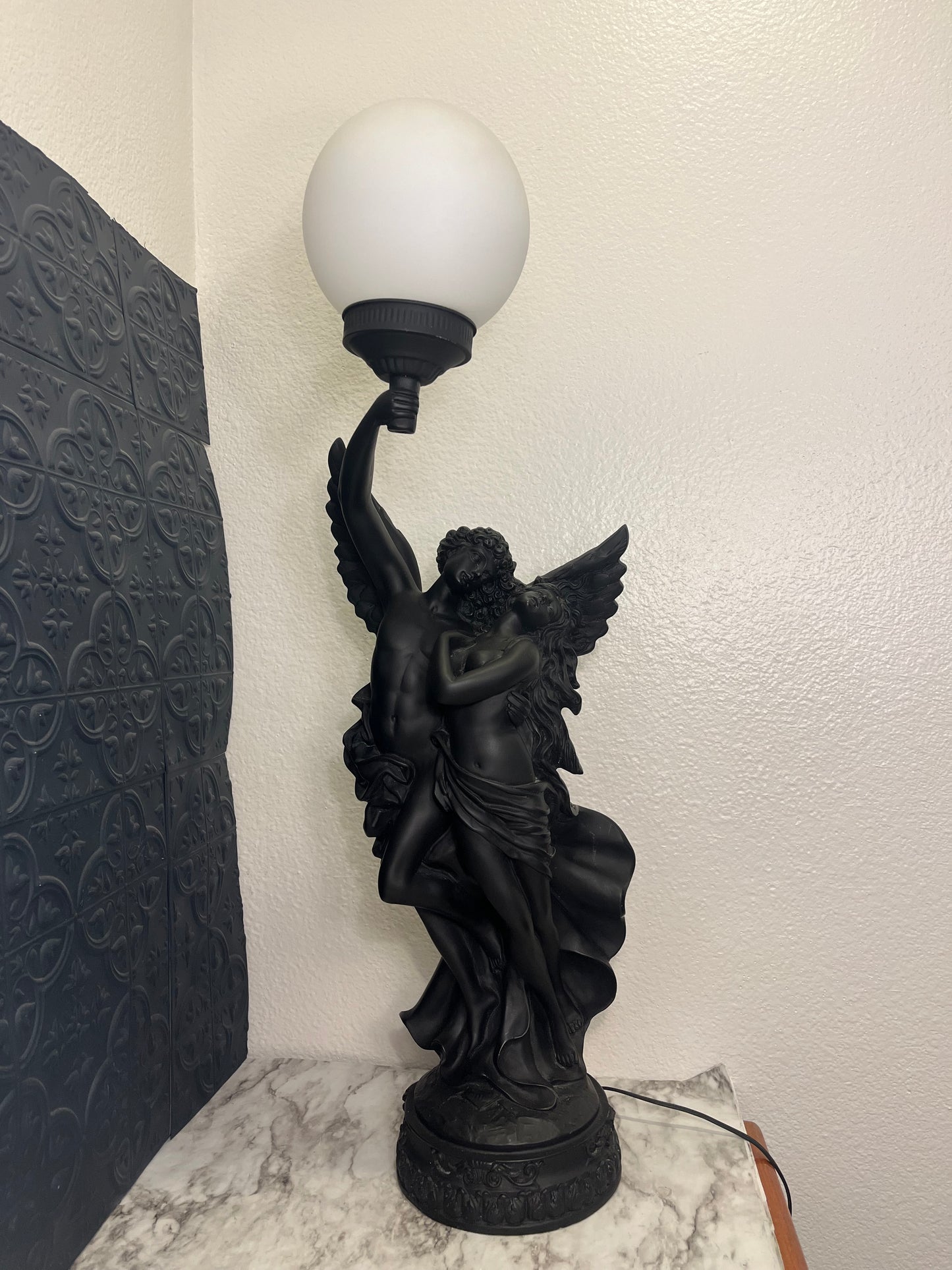 Black Resin Winged Angel Torch Lamp
