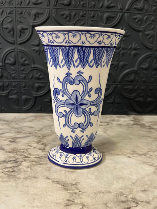 Vintage Blue and White Vase Oblong Trumpet Style